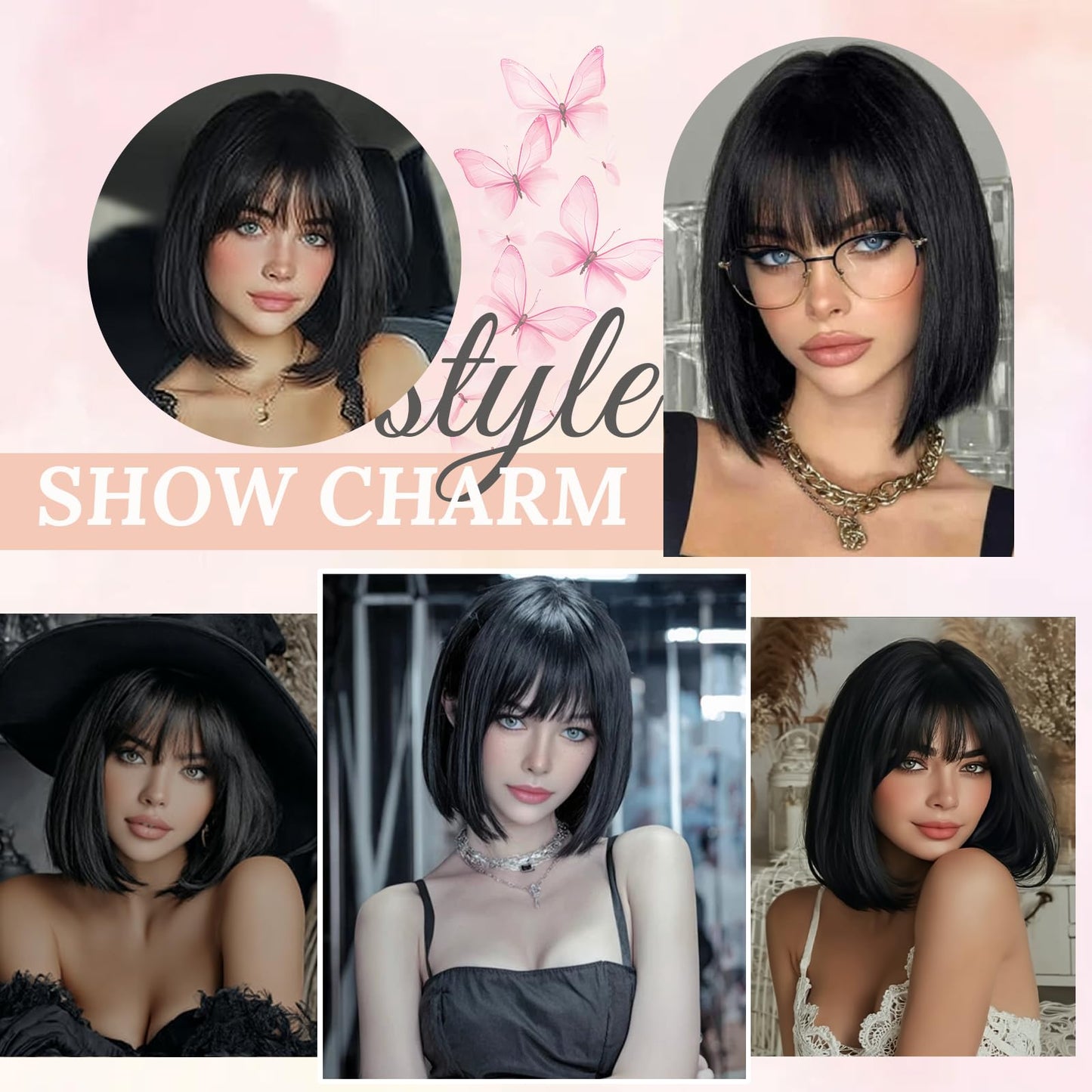 12" Short bob wig with bangs, Black / Pink Wig for women Daily Use