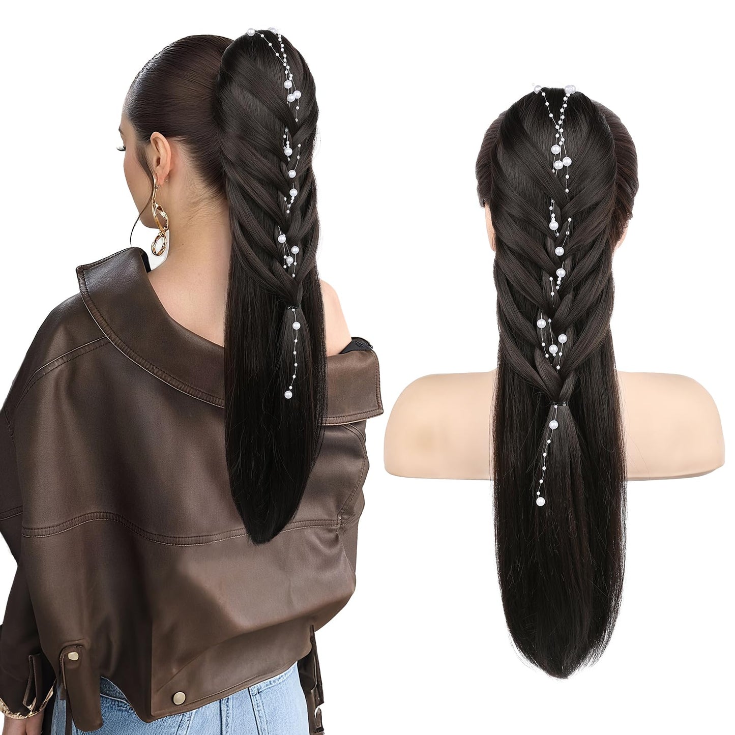Ponytail Extension, 20 Inch Long Braid Drawstring Clip in on Ponytail Hair Extensions Synthetic Hairpiece for Women