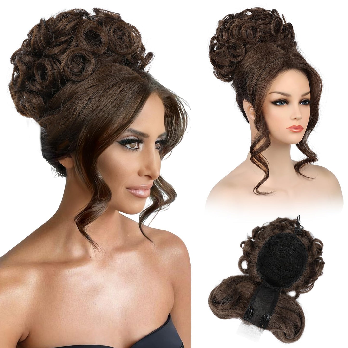 Bun Hair Piece with Bangs - 2-in-1 Hair Bun Hairpieces Curly Updo Wig & Hair Topper with Long Side Bangs Natural-Looking Drawstring Ponytail Extension for Women