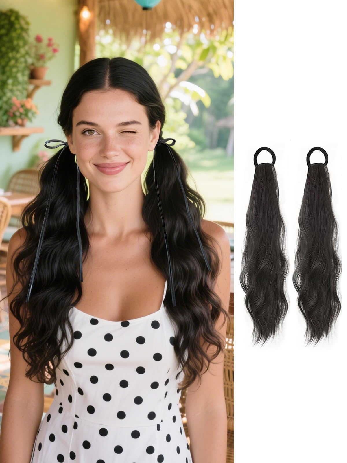 2PCS Curly Ponytail Extension with Elastic Tie 17 Inch Natural Wavy Hairpiece Synthetic Pony Tail Hair Extensions Wave Fake Ponytail Hairpieces for Women Daily Wear
