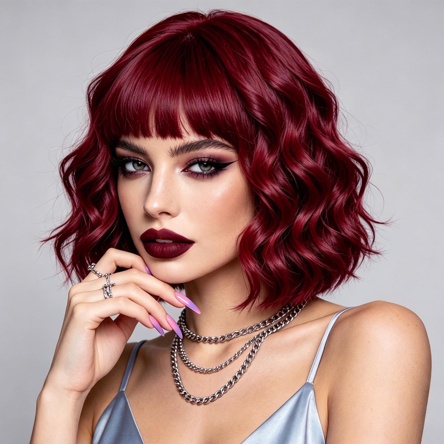 Black Wavy Wigs with Bangs Soft Short Bob Wigs for Women Synthetic Shoulder Length Women's Curly Wigs for Halloween Costumes Cosplay Daily