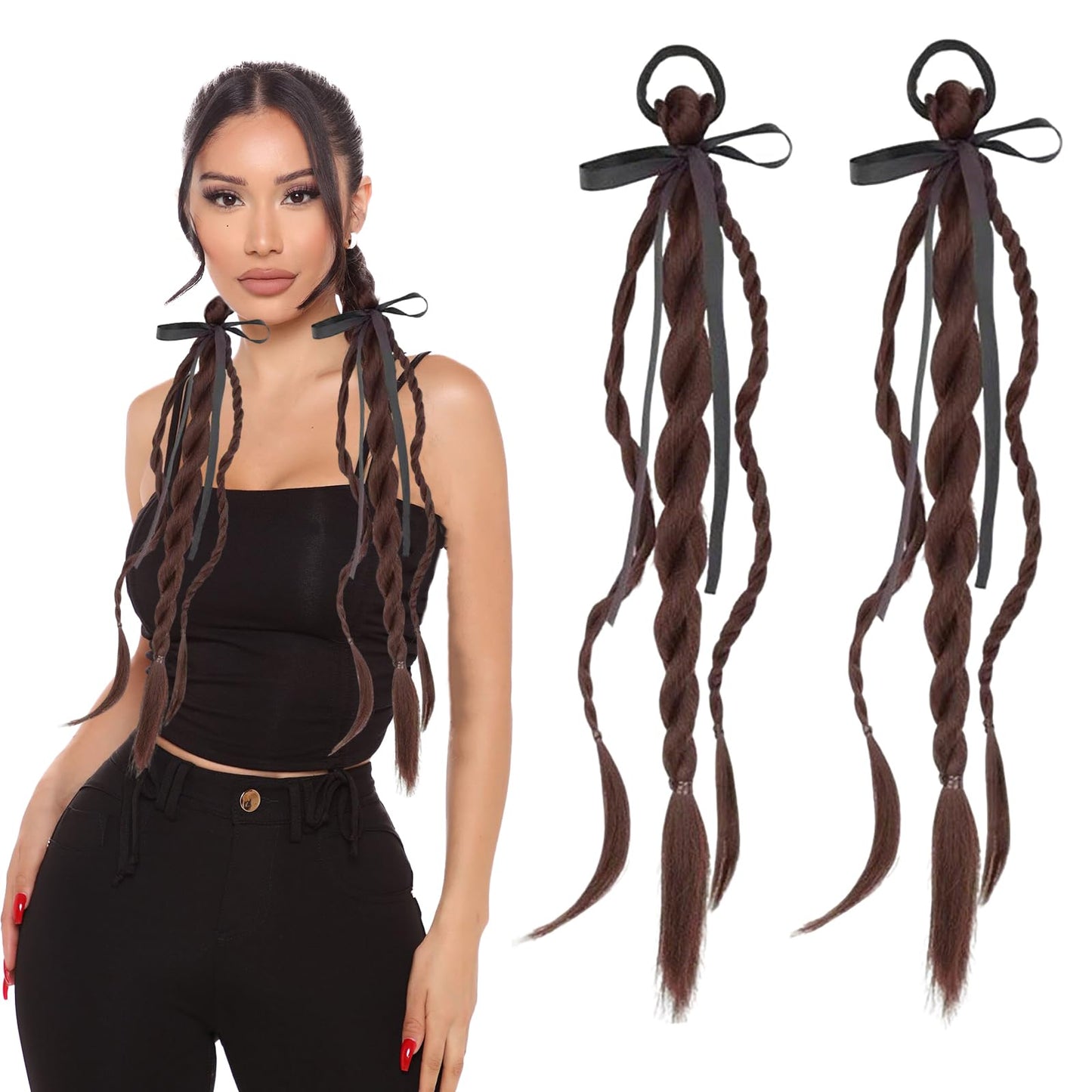 2PCS Ponytail Extension Braid with Hair Tie Synthetic Ponytail Twisted Braid wig hair band for Women Girls 19 in