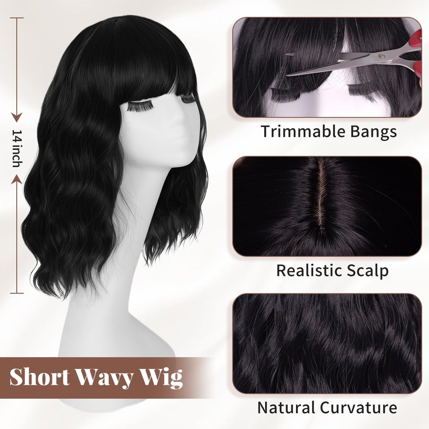 12" Synthetic Hair Short Wavy With Bangs,Short Bob Wig Made Of Quality Synthetic Fiber
