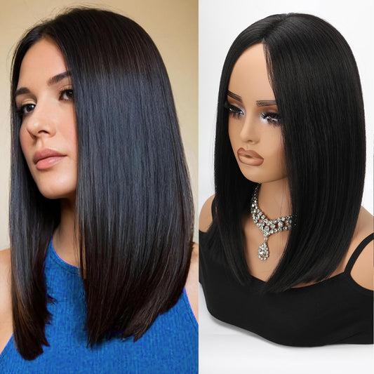 XC CLOUDS Glueless Straight Wigs For Black Women Lace Frontal Hair Wig with Middle Part Simulated Scalp Medium Length Bob Wigs for Halloween or Daily Synthetic Hair Lace Wig
