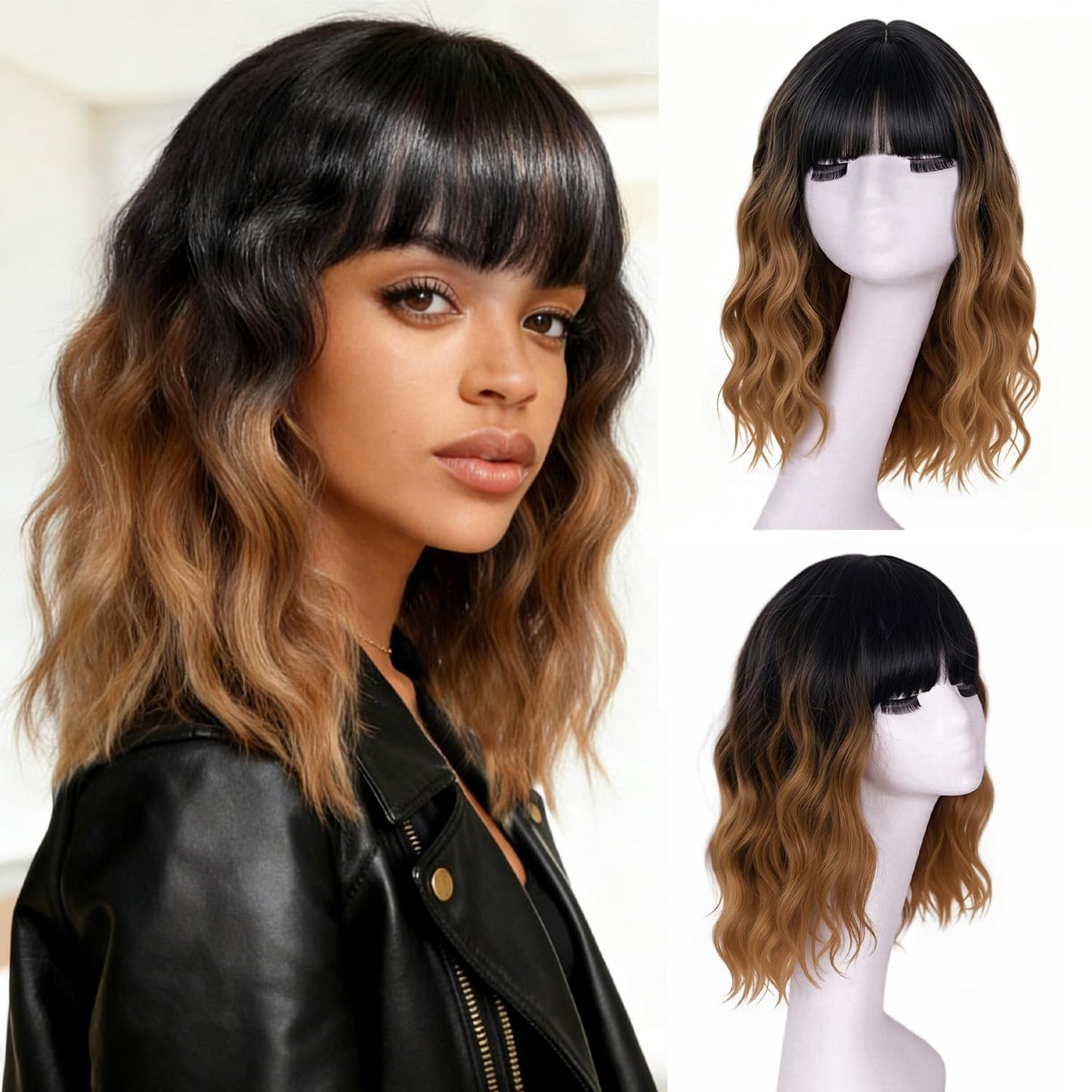 12" Synthetic Hair Short Wavy With Bangs,Short Bob Wig Made Of Quality Synthetic Fiber