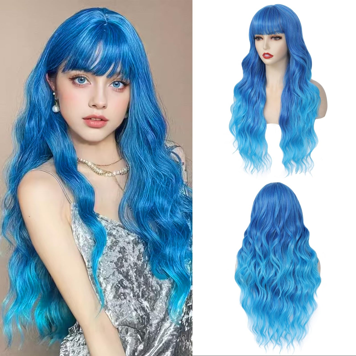 Wig With Bangs Long Wavy Curly Wig with Synthetic Heat Resistant Wigs for Women Daily Party Use