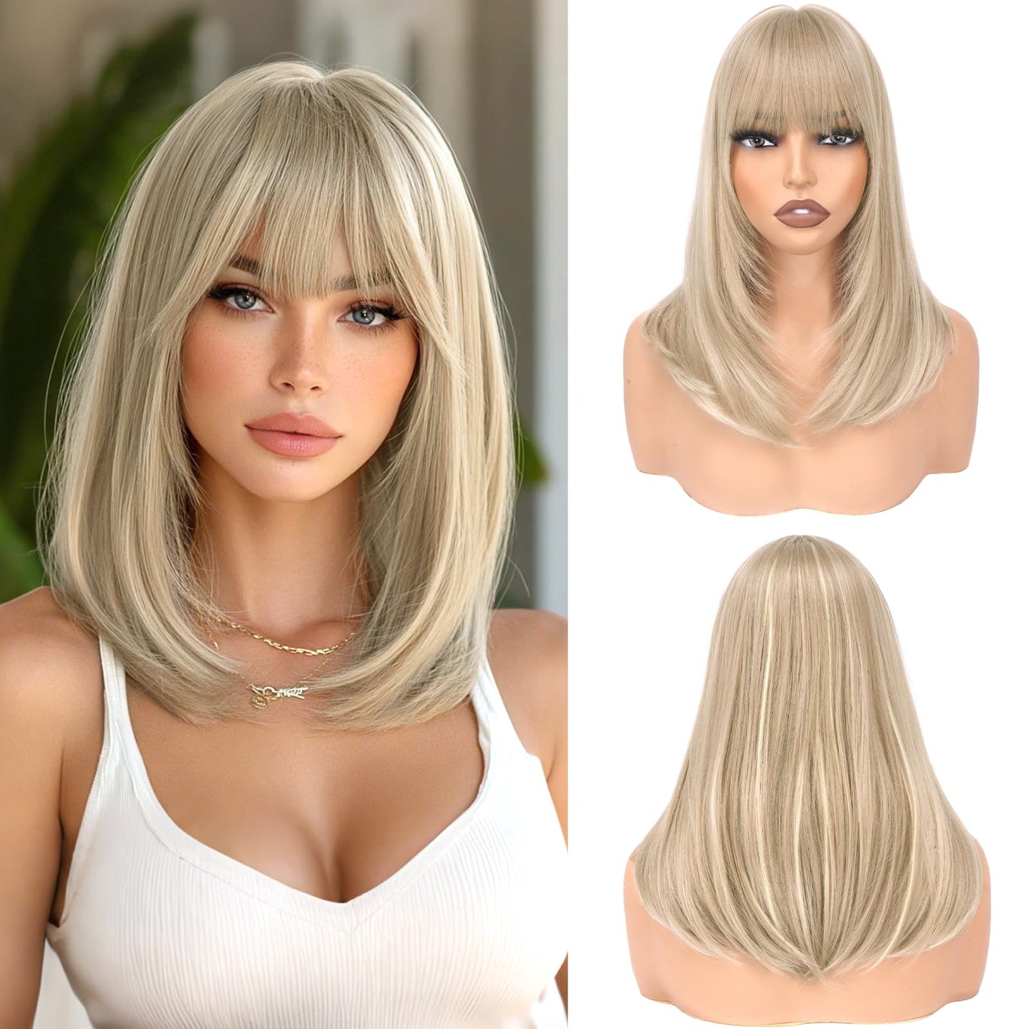 Bob Wigs with Bangs Shoulder Length Straight Natural Looking Synthetic Heat Resistant Medium Hair Wigs for Women Daily Party, 16 Inch