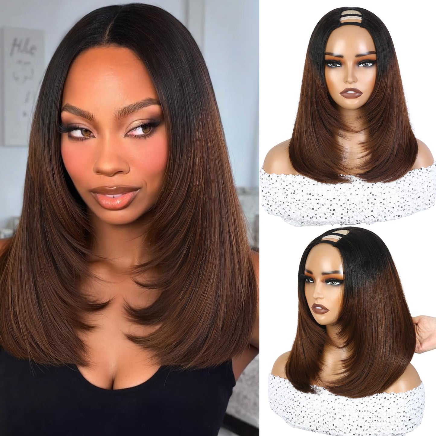 Long Straight U Part Wigs for Women black long wig Layered Haircut V Part Wig Yaki Straight Synthetic Half Wig Clip In Hair Glueless Daily Use