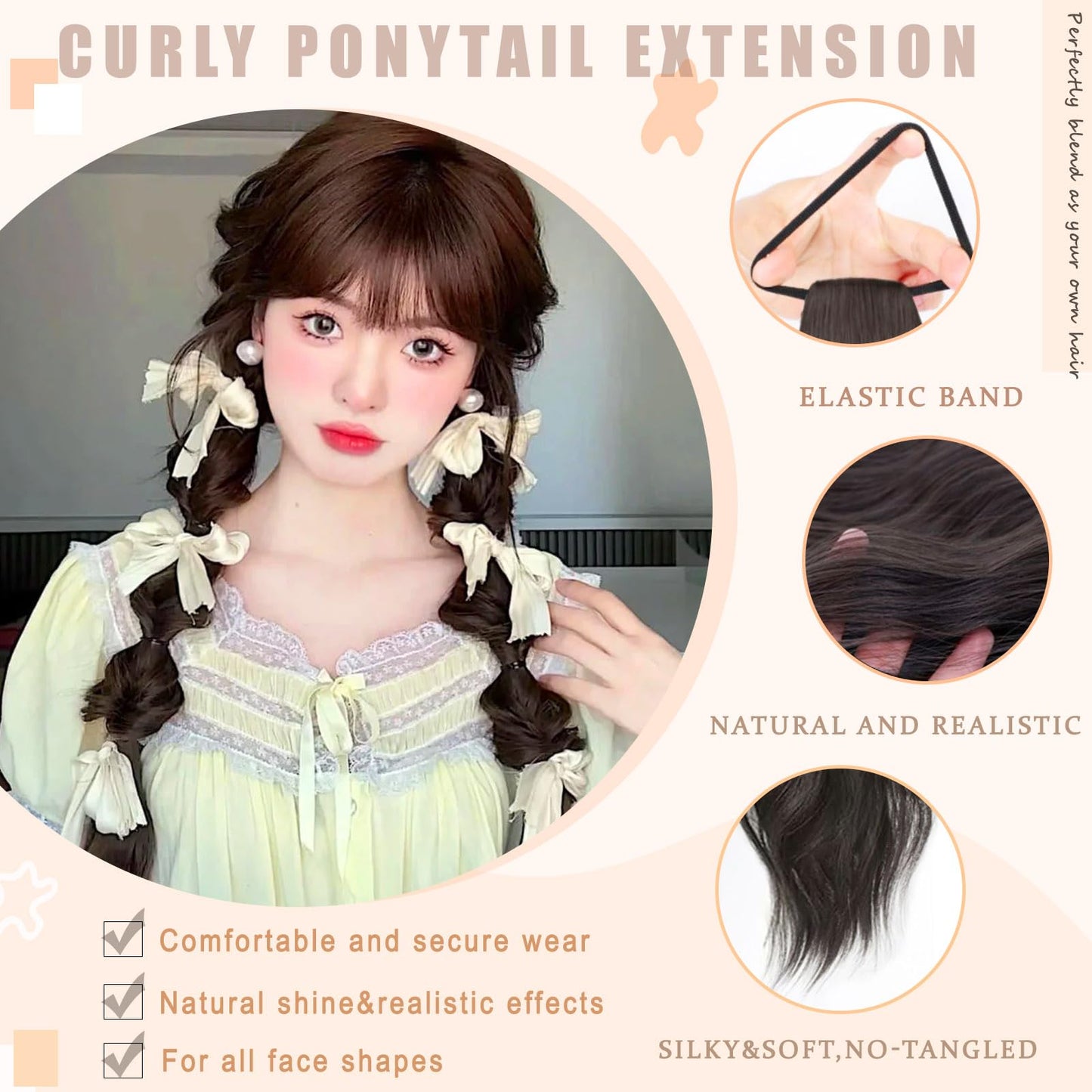 Curly Ponytail Extension with Elastic Tie 17 Inch Resistant Synthetic Natural Wavy Hairpiece Pony Tail Hair Extensions Wave Fake Ponytail Hairpieces for Women Daily Wear（Light-Brown-1pcs）