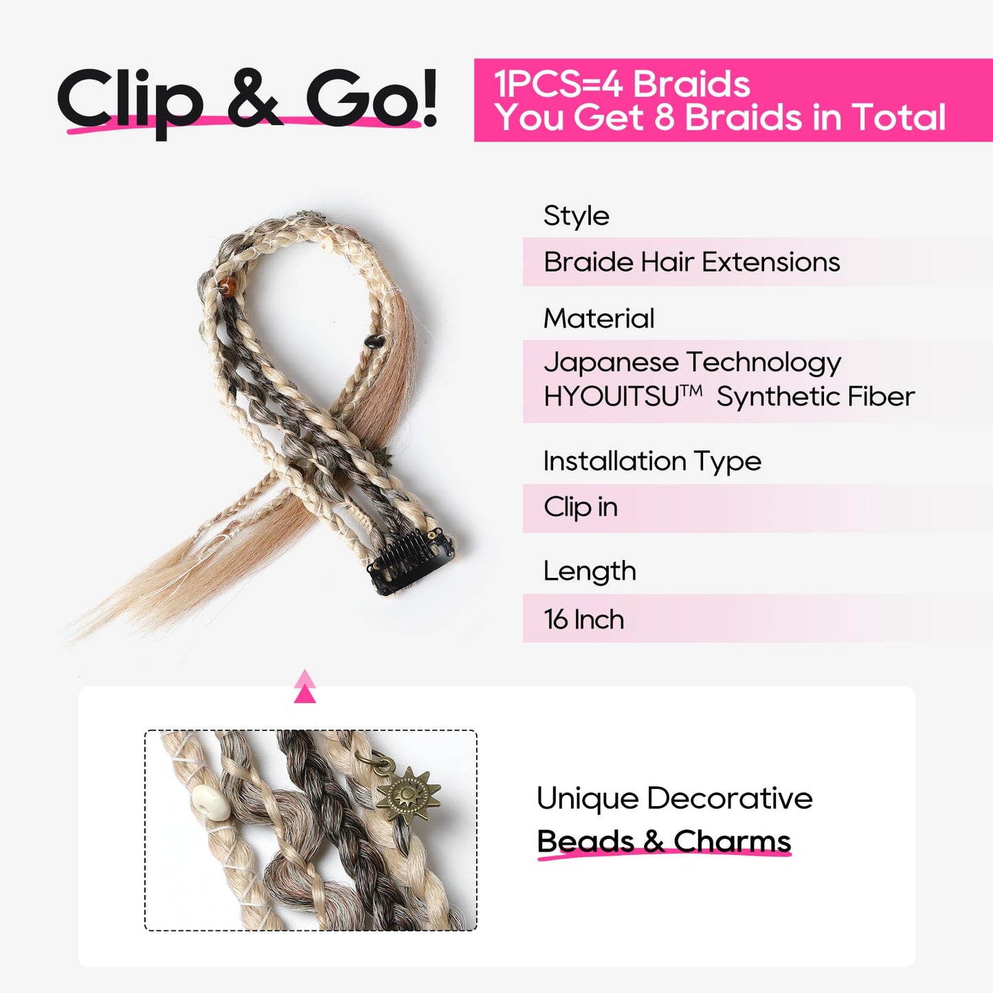 Clip in Braids for Women, 16" Boho Dreadlock Clip in Braids with Beads & Charms, 2PCS Handmade Synthetic Braided Hairpieces for Cosplay Daily Styling Music Festival