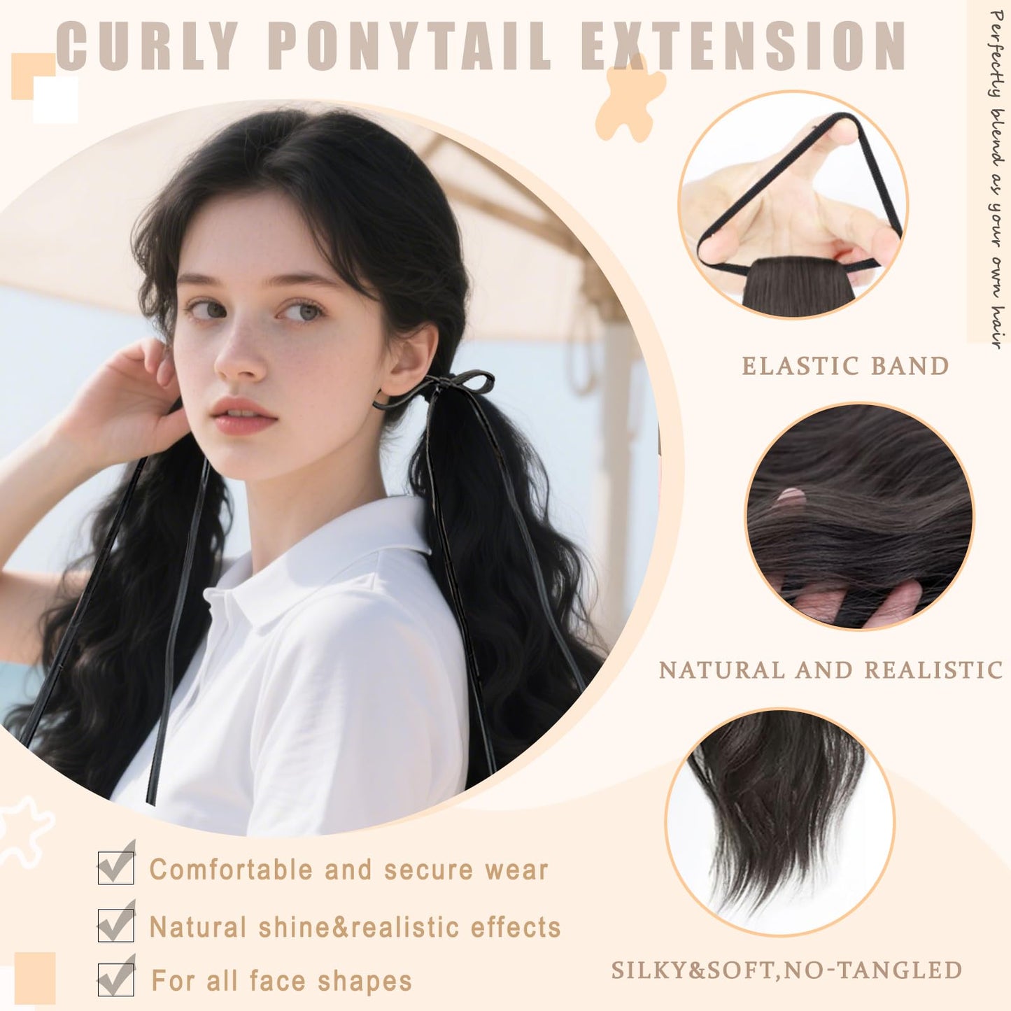 2PCS Curly Ponytail Extension with Elastic Tie 17 Inch Natural Wavy Hairpiece Synthetic Pony Tail Hair Extensions Wave Fake Ponytail Hairpieces for Women Daily Wear
