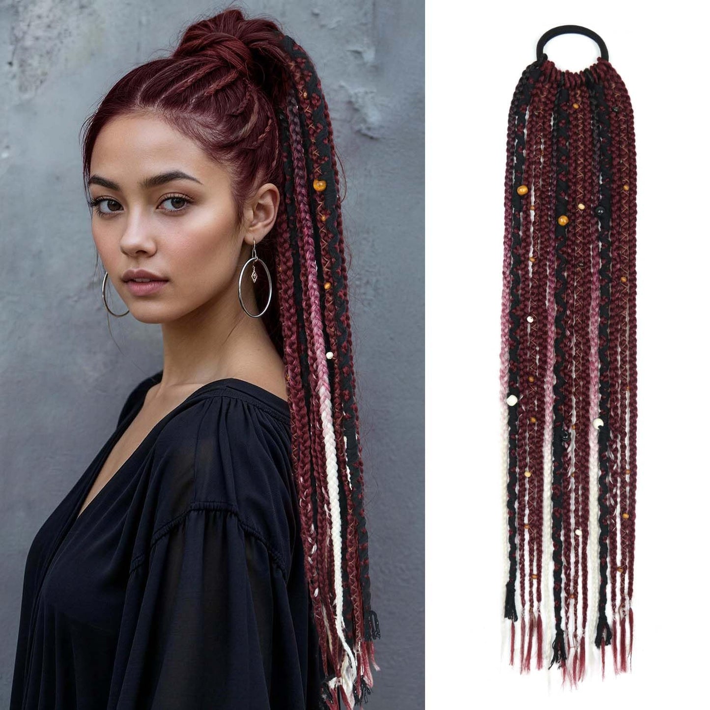 Long Boho Braided Ponytail Extension with Hair Ties, 24" Viking Dreadlock Ponytail Extension, Hand-braided Soft Braided Ponytail Extensions Synthetic Hair for Women