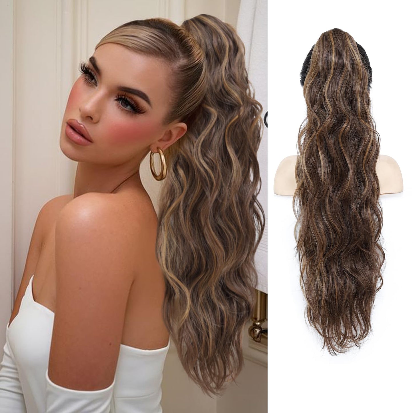 Long Wavy Ponytail Extension, 26" Claw Clip Ponytail Extension for Women Long Wavy Pony Tails Hair Extensions Synthetic Clip in Ponytail for Daily Use