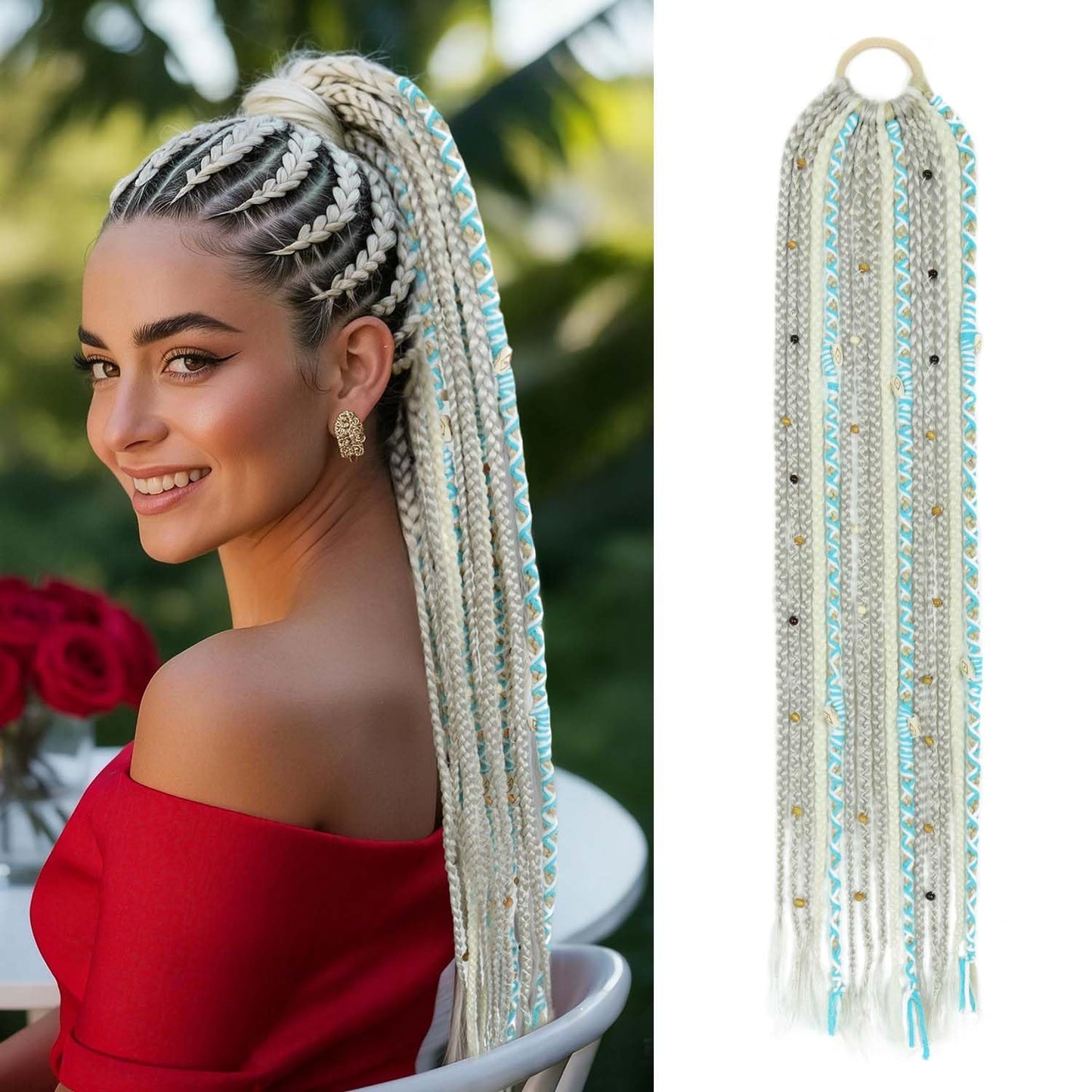 Long Boho Braided Ponytail Extension with Hair Ties, 24" Viking Dreadlock Ponytail Extension, Hand-braided Soft Braided Ponytail Extensions Synthetic Hair for Women