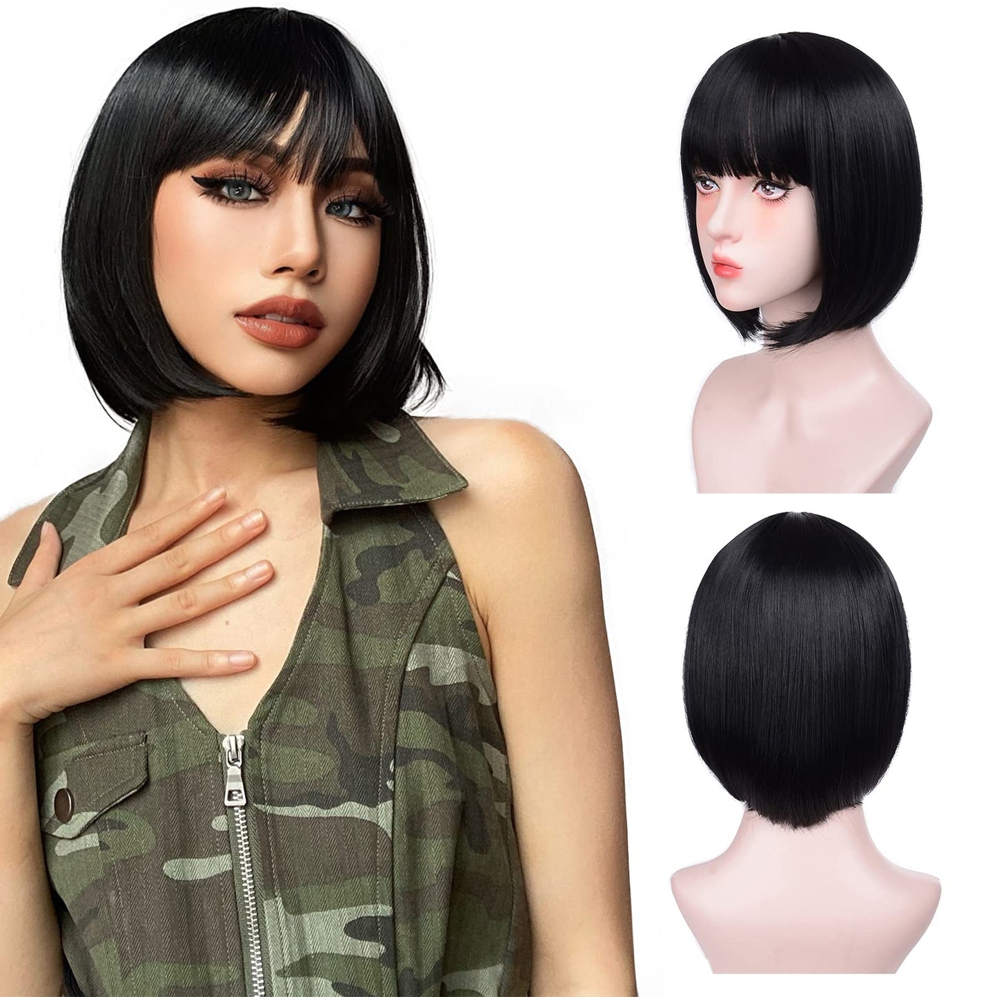 Bob Wig with Bangs-12'' Short Straight Bob Wigs for Women Super Soft and Easy to Wear, Colorful Synthetic Wig for Daily, Cosplay, Halloween