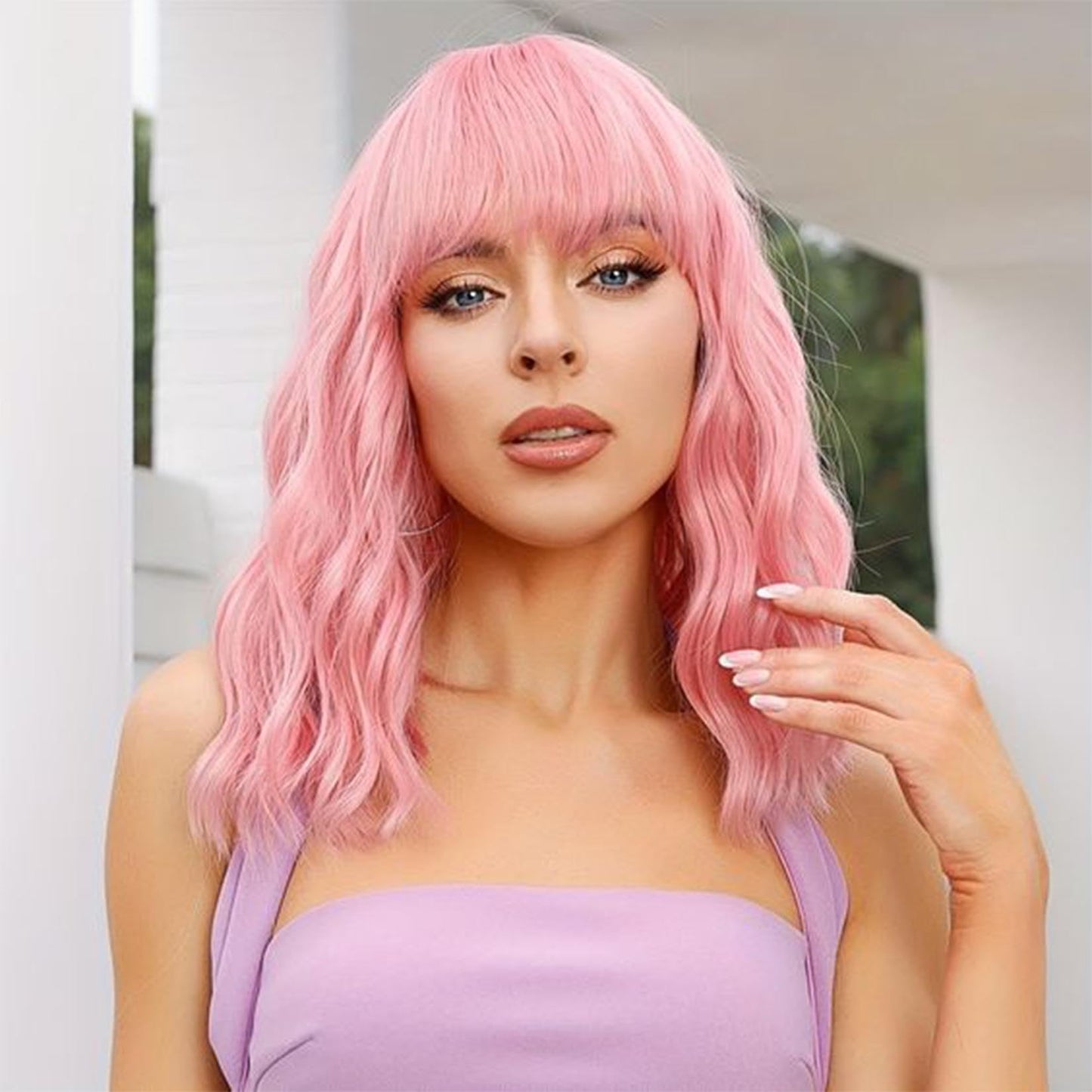 Black Wavy Wigs with Bangs Soft Short Bob Wigs for Women Synthetic Shoulder Length Women's Curly Wigs for Halloween Costumes Cosplay Daily