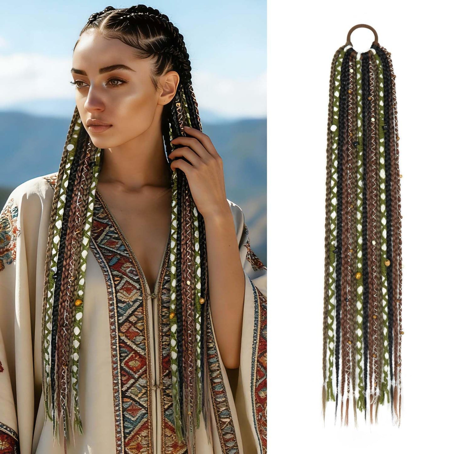 24" Boho Braided Ponytail Extension with Hair Ties, Hand-braided fashionable Long Viking Dreadlock Beads Ponytail Synthetic Hairpiece