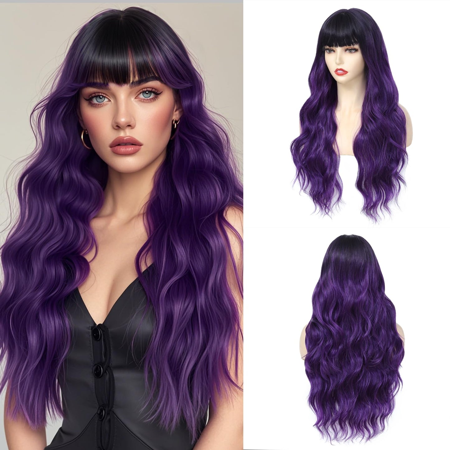 Wig With Bangs Long Wavy Curly Wig with Synthetic Heat Resistant Wigs for Women Daily Party Use