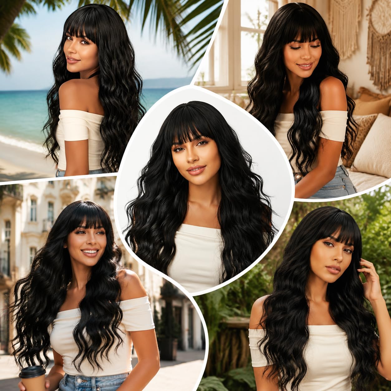 Short Wavy Wig with Bangs for Women Curly Wavy Wig Synthetic Hair Replacement Wigs for Daily Use