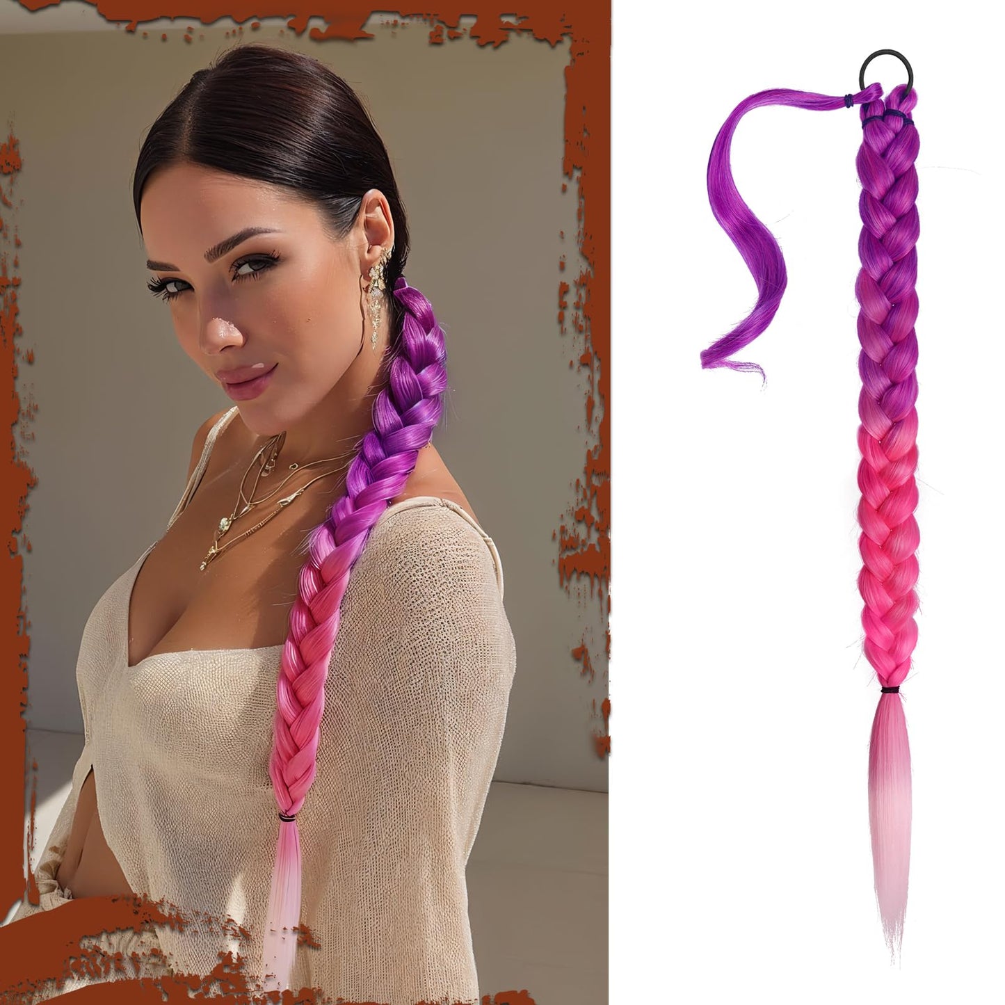 Long Braid Ponytail Extension with Hair Tie Straight Sleek Wrap Around Hair Extensions Synthetic Hair Piece Braid Pony Tail Fluffy Natural Soft Hairpieces for Women Daily Wear