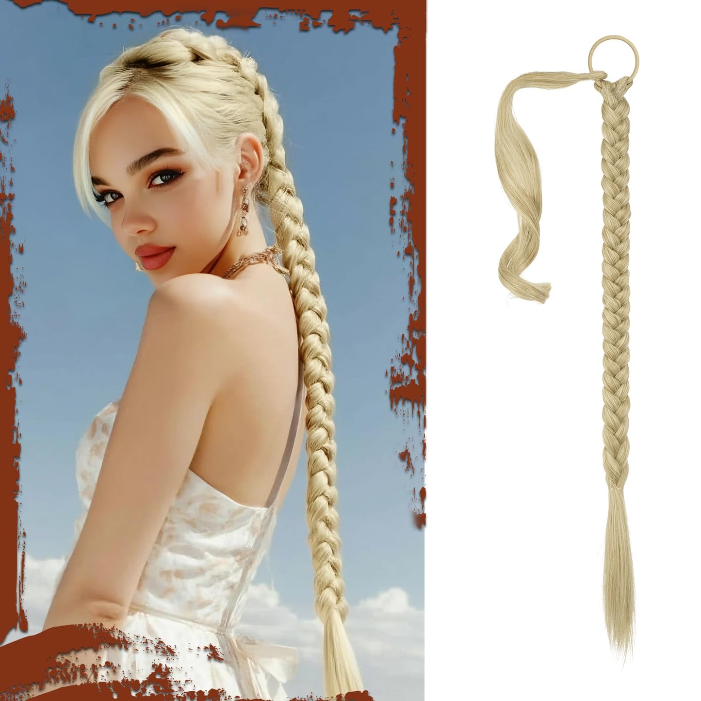 Long Braid Ponytail Extension with Hair Tie Straight Sleek Wrap Around Hair Extensions Synthetic Hair Piece Braid Pony Tail Fluffy Natural Soft Hairpieces for Women Daily Wear