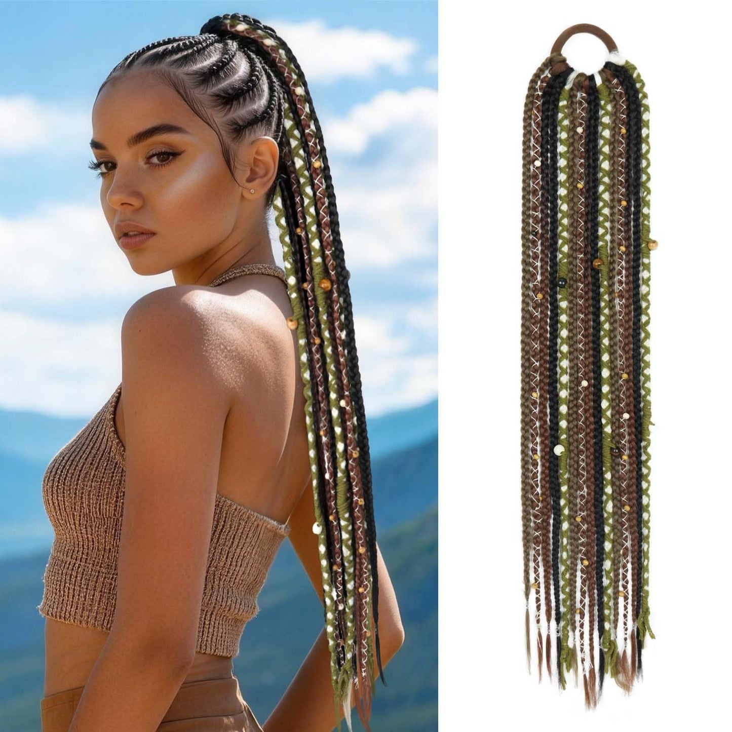Long Boho Braided Ponytail Extension with Hair Ties, 24" Viking Dreadlock Ponytail Extension, Hand-braided Soft Braided Ponytail Extensions Synthetic Hair for Women