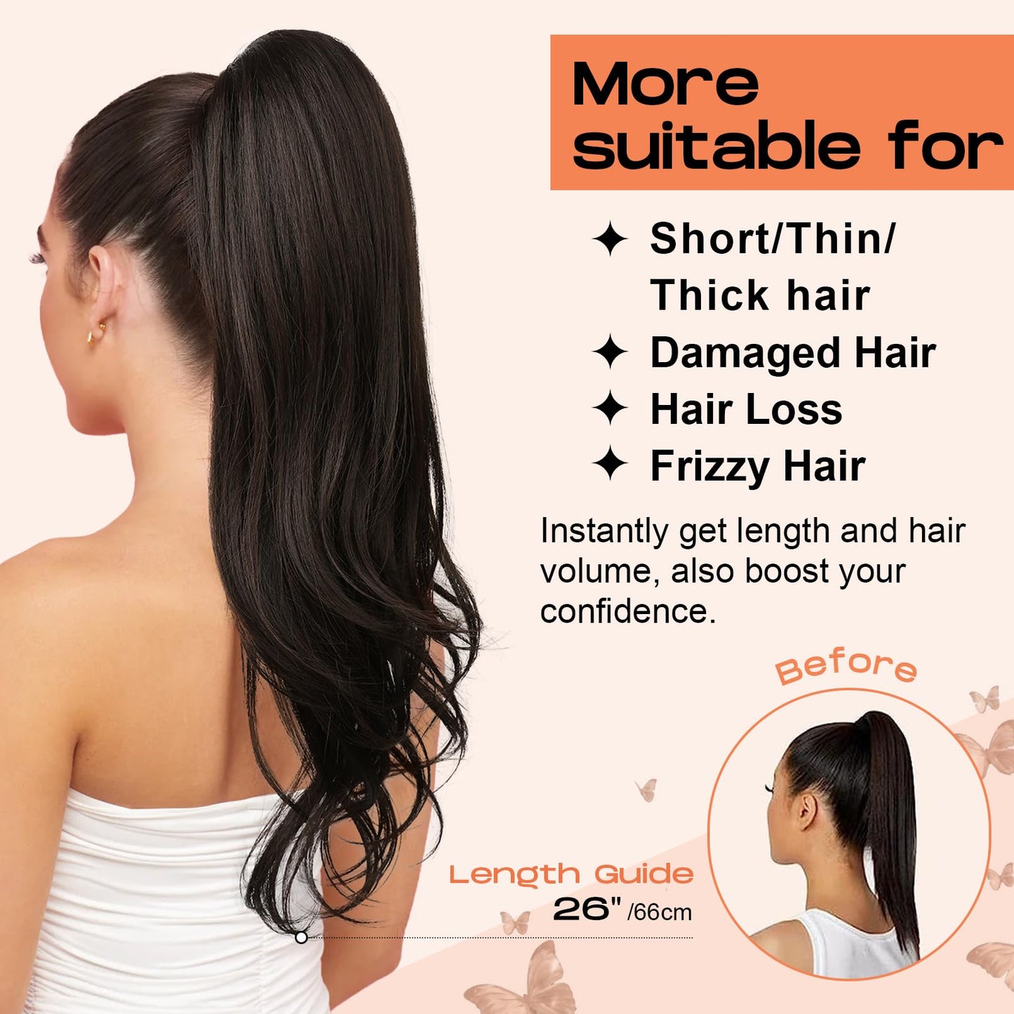 Drawstring Ponytail Extension, Long Wavy Multi Layered Clip in Ponytail Hair Extensions Stand Up High Fake Pony Tail Soft Natural Synthetic Hairpiece