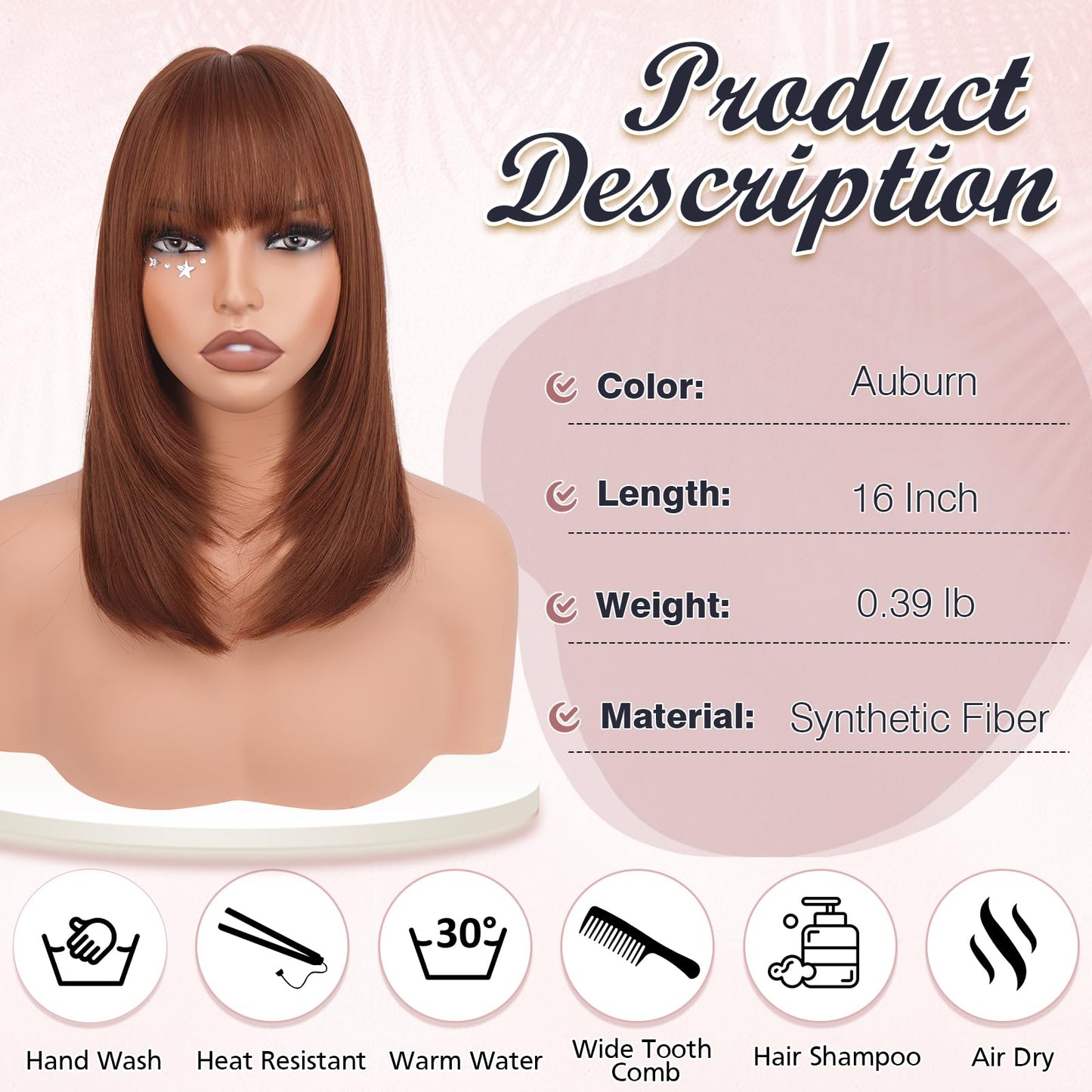 Bob Wigs with Bangs Shoulder Length Straight Natural Looking Synthetic Heat Resistant Medium Hair Wigs for Women Daily Party, 16 Inch