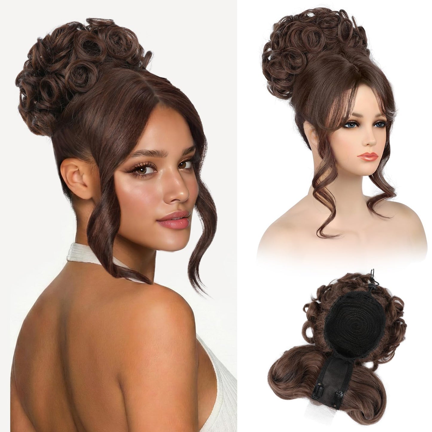 Bun Hair Piece with Bangs - 2-in-1 Hair Bun Hairpieces Curly Updo Wig & Hair Topper with Long Side Bangs Natural-Looking Drawstring Ponytail Extension for Women