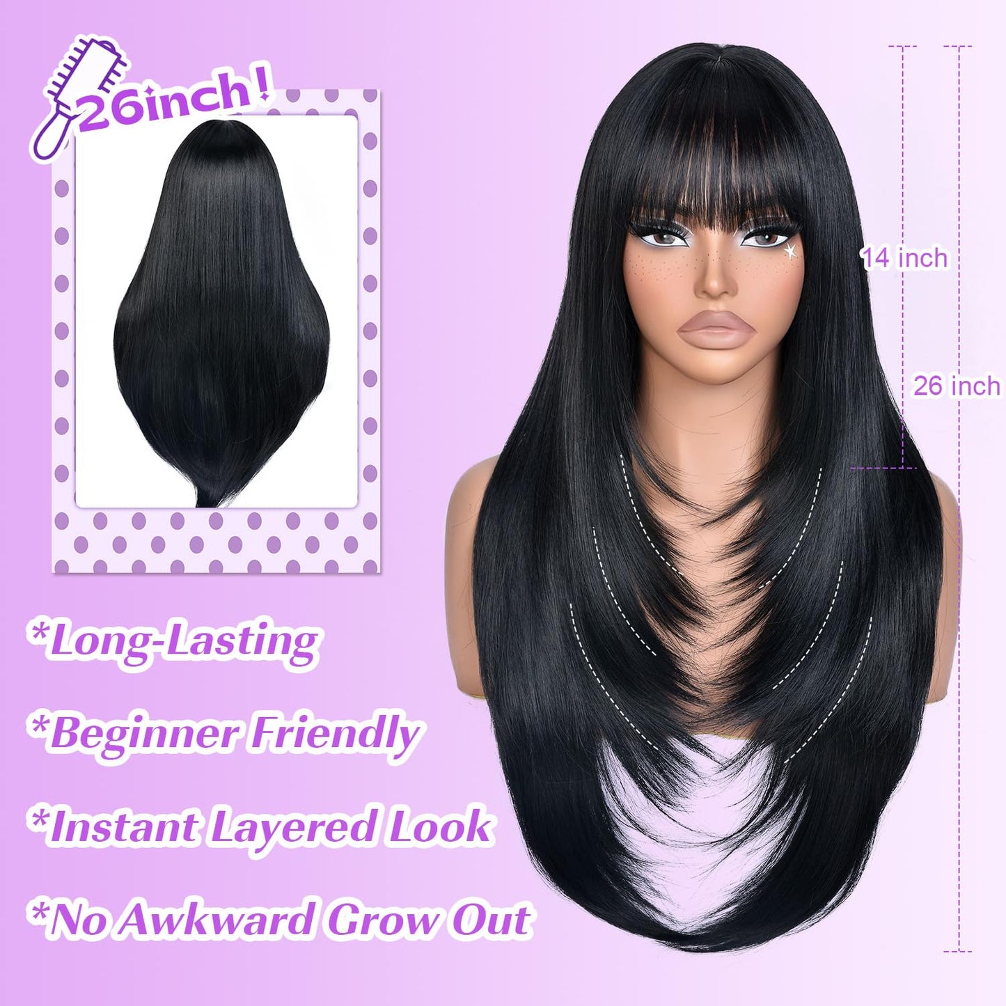Long Layered Wig with Bangs for Women Synthetic Heat Resistant Realistic Scalp Free Parting Bang Wigs for Daily and Party Use