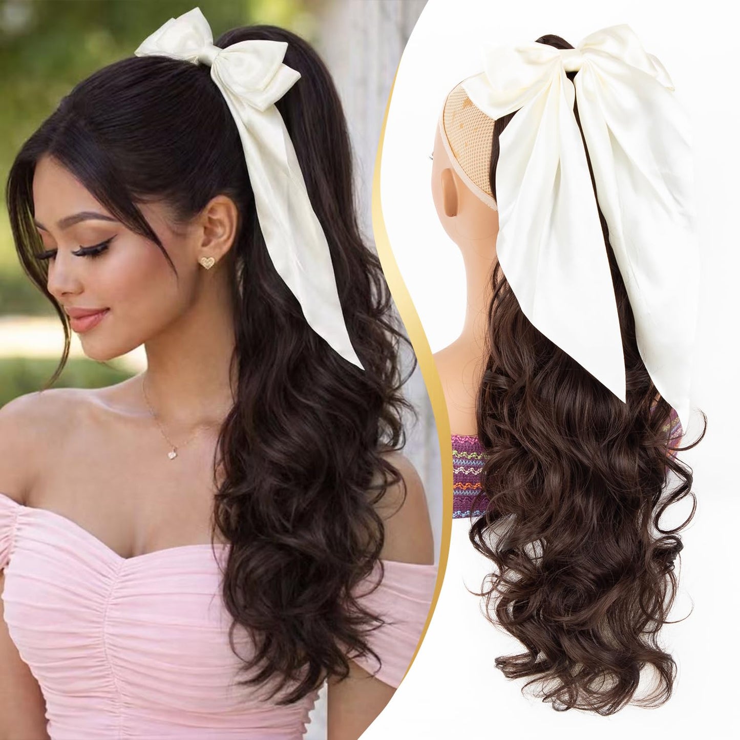24 Inch Claw Clip in Ponytail Extension with 2 Pcs Hair Bows