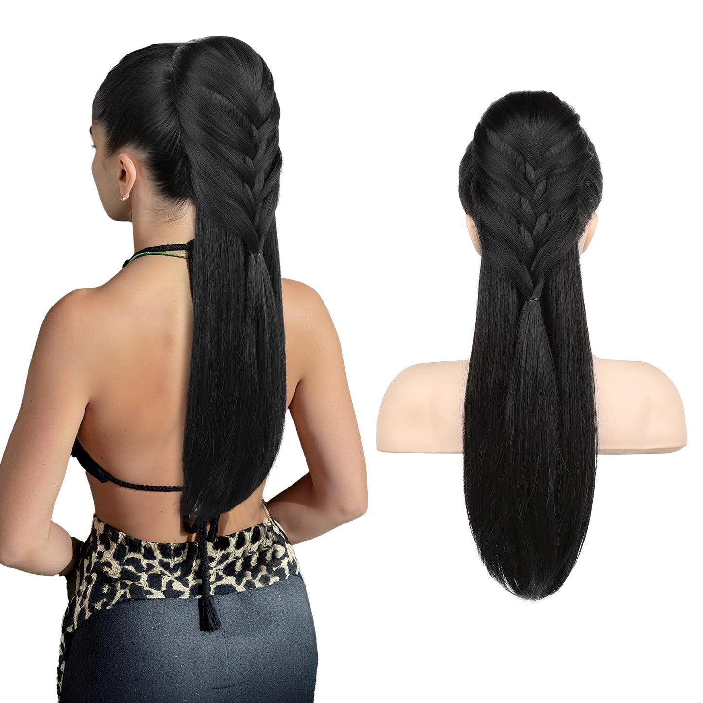 Ponytail Extension, 20 Inch Long Braid Drawstring Clip in on Ponytail Hair Extensions Synthetic Hairpiece for Women