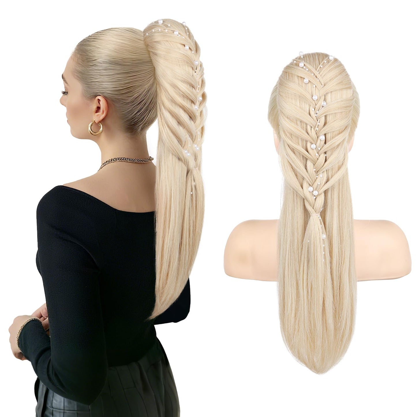 Ponytail Extension, 20 Inch Long Braid Drawstring Clip in on Ponytail Hair Extensions Synthetic Hairpiece for Women