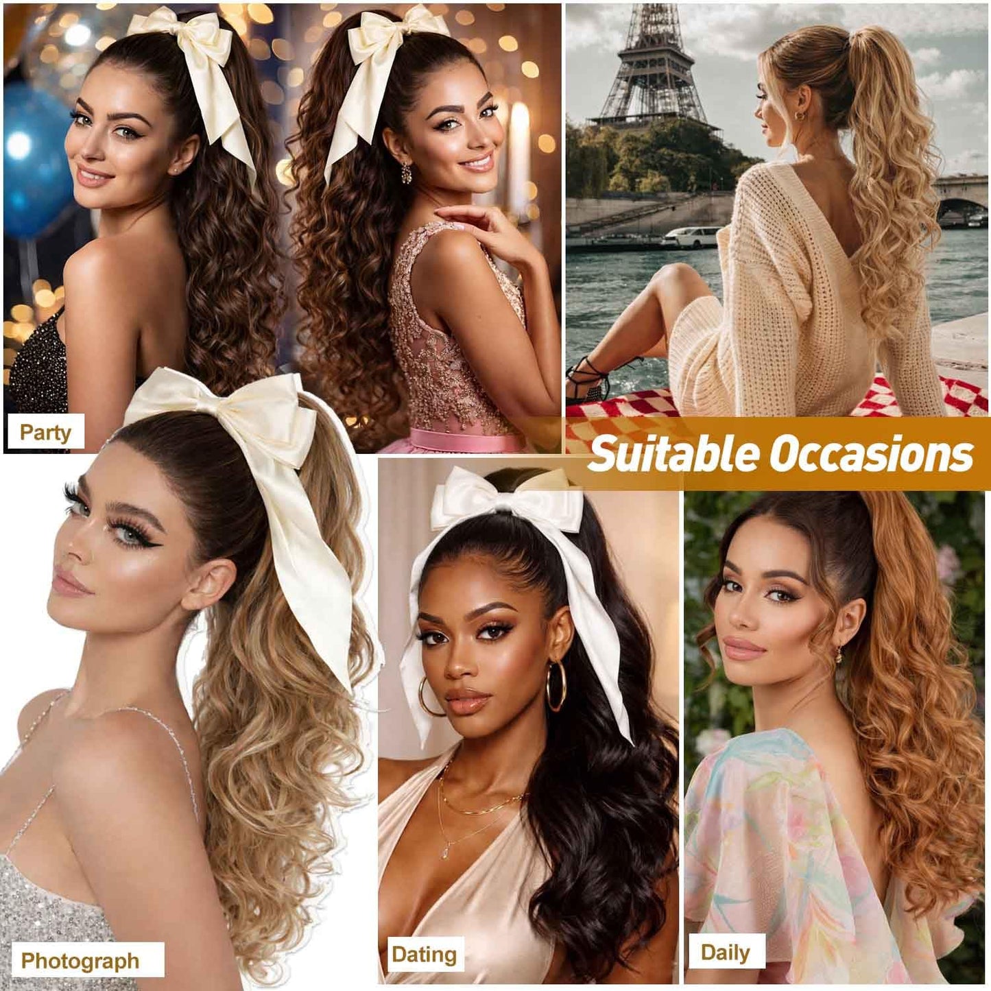 24 Inch Claw Clip in Ponytail Extension with 2 Pcs Hair Bows