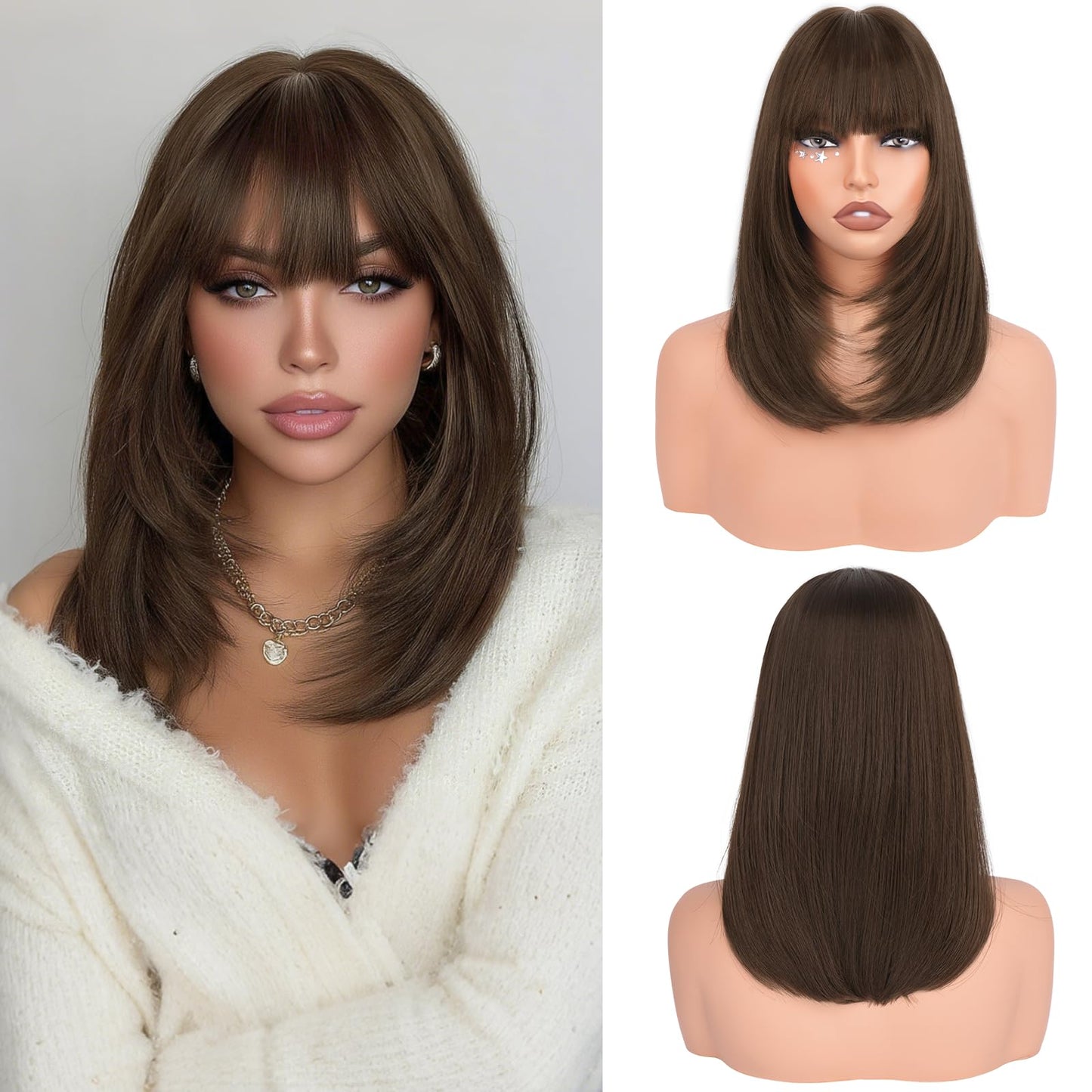 Bob Wigs with Bangs Shoulder Length Straight Natural Looking Synthetic Heat Resistant Medium Hair Wigs for Women Daily Party, 16 Inch