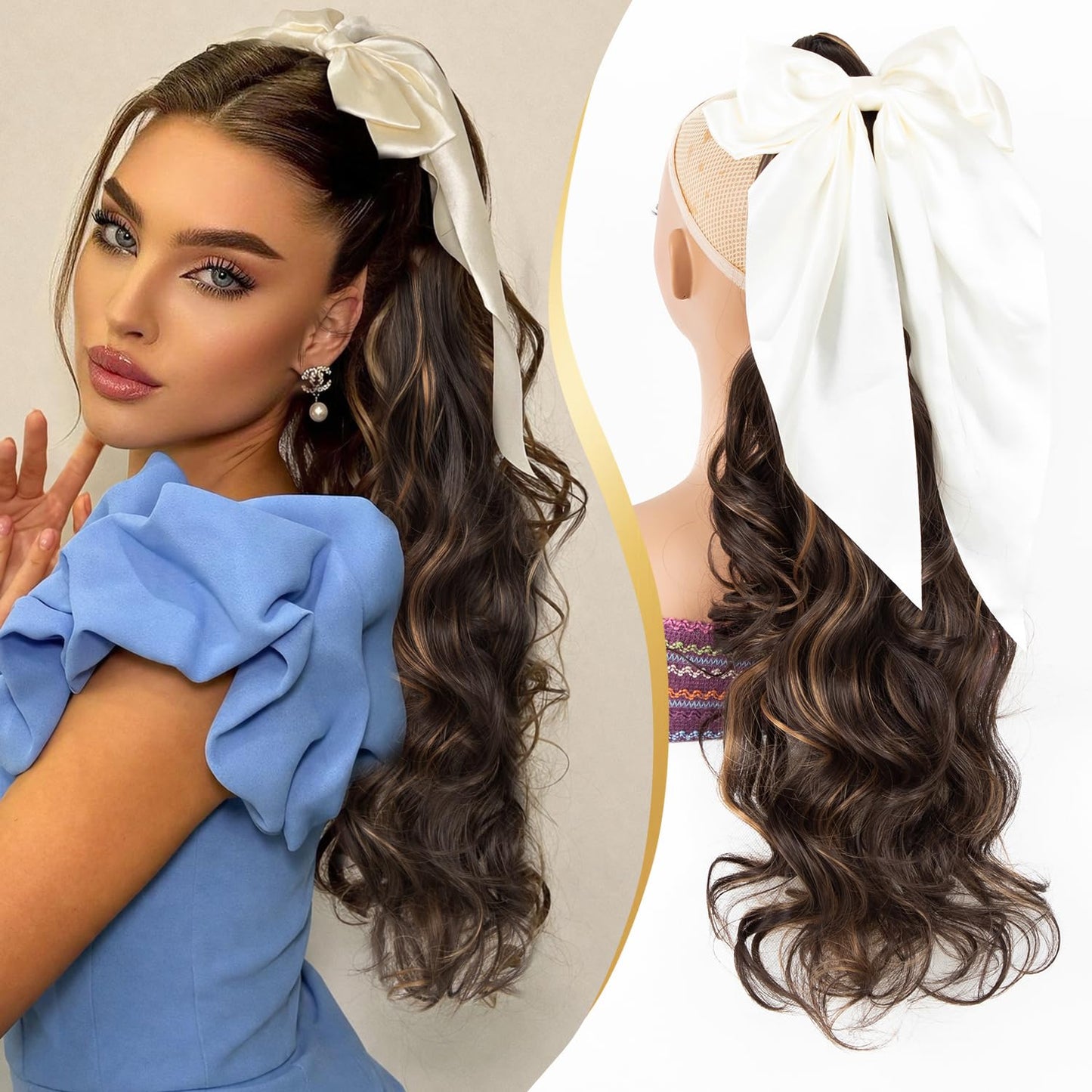 24 Inch Claw Clip in Ponytail Extension with 2 Pcs Hair Bows