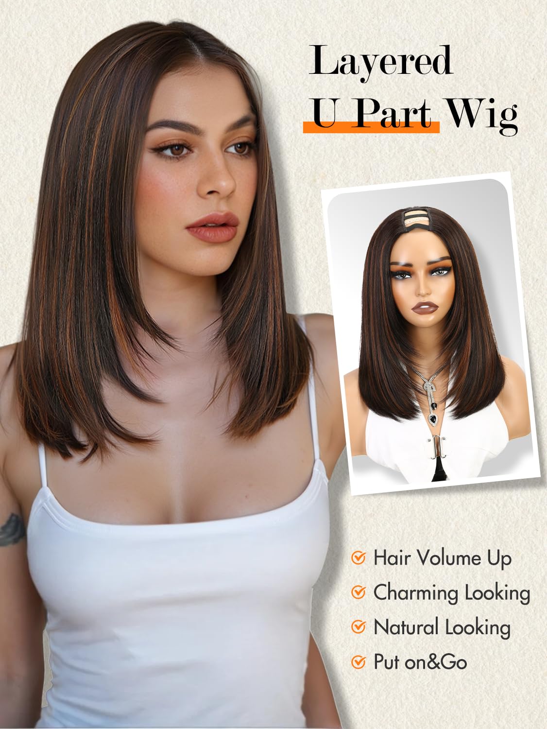 Long Straight U Part Wigs for Women black long wig Layered Haircut V Part Wig Yaki Straight Synthetic Half Wig Clip In Hair Glueless Daily Use