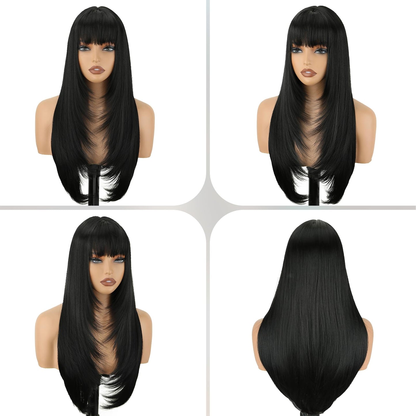 Long Straight Layered Wig with Bangs for Women