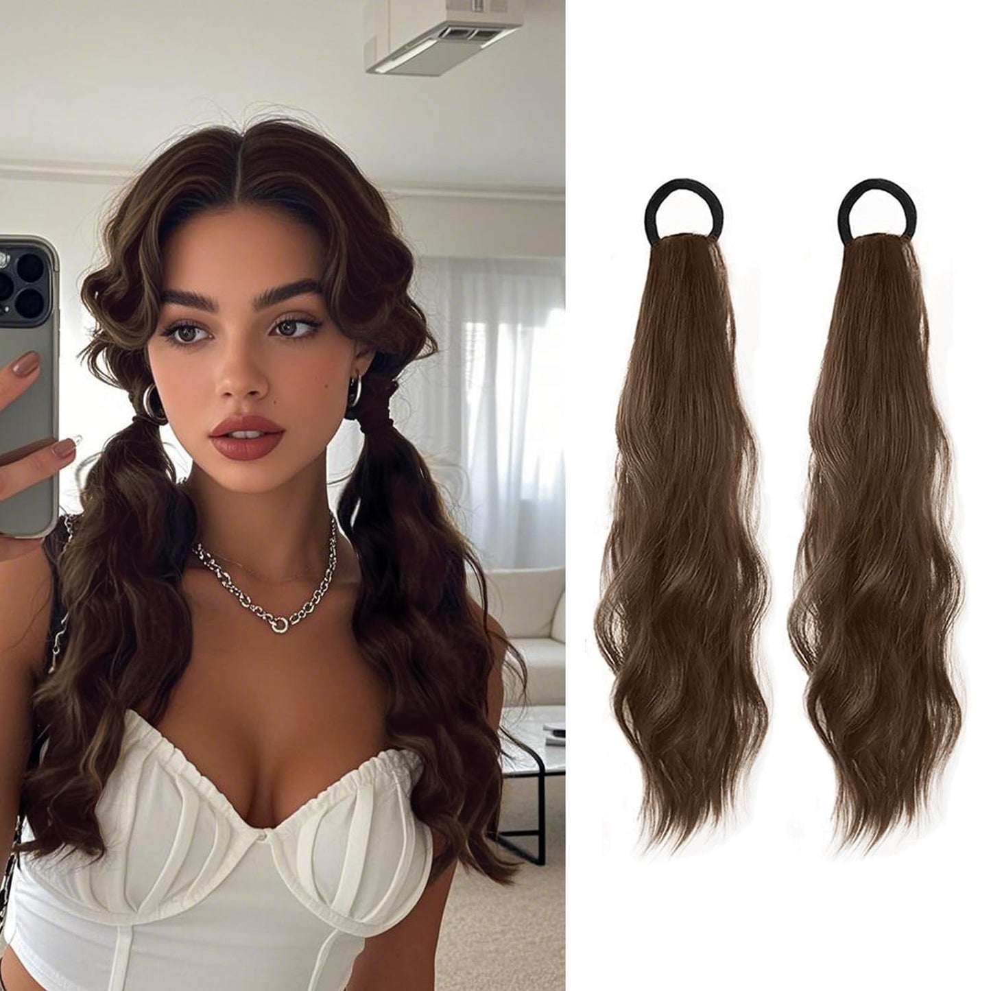 2PCS Curly Ponytail Extension with Hair Tie Hair Natural Wig Elastic Band Wave Fake Ponytail Wigs Accessories for Women Daily 17 Inch
