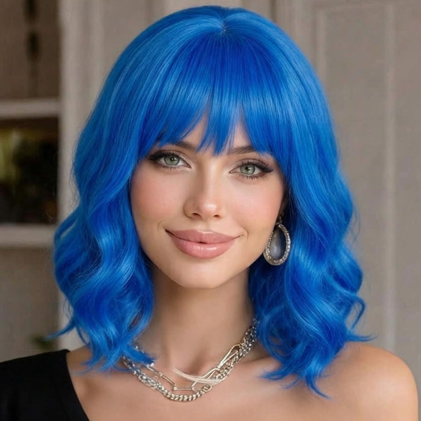 12inch Natural Wave Wavy Bob Wigs with Bangs Black Blue Light Blue Brown Pink Wigs