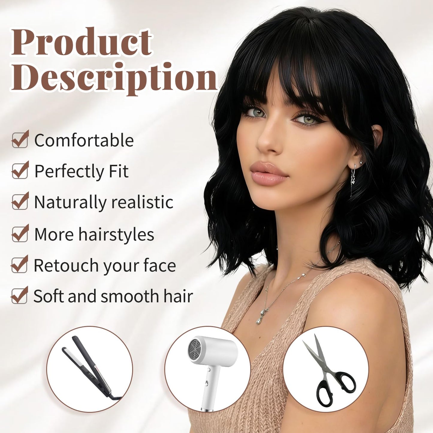 12" Synthetic Hair Short Wavy With Bangs,Short Bob Wig Made Of Quality Synthetic Fiber