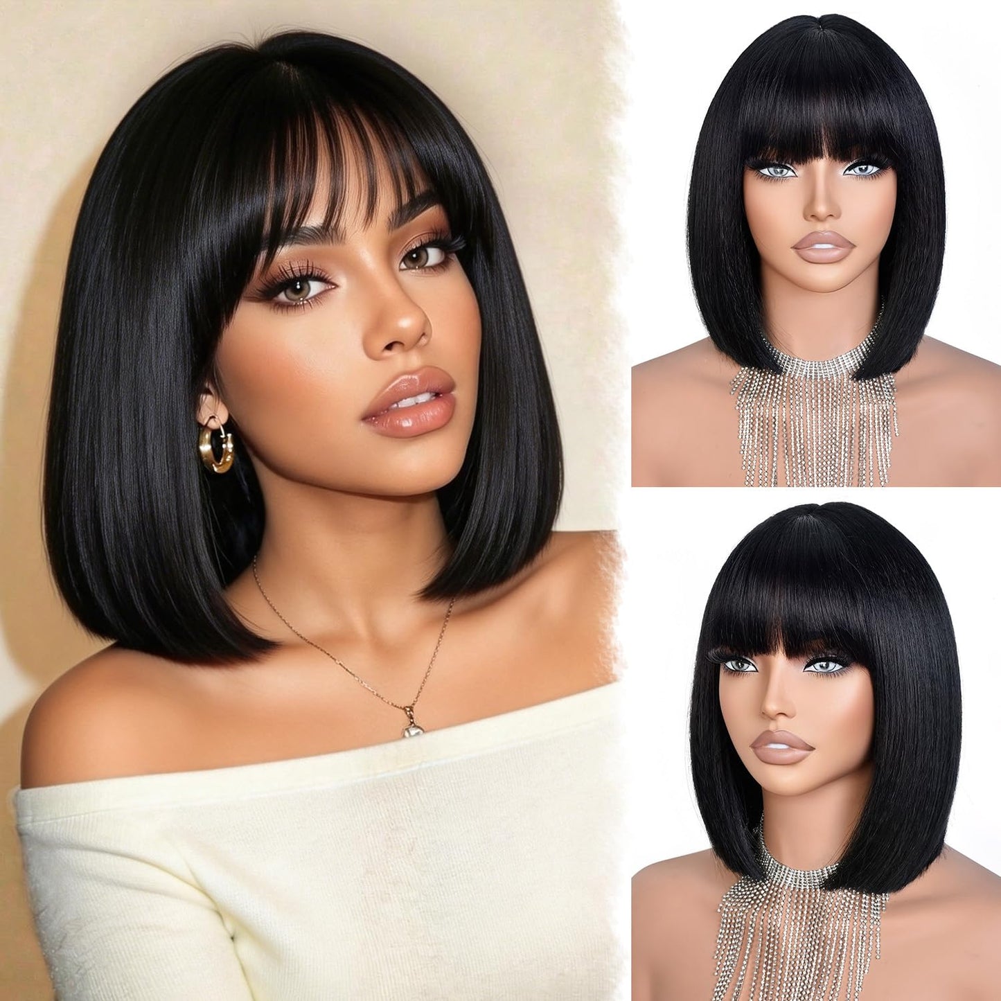 Bob Wig with Bangs for Black Women Short Straight Bob Wigs for Women Synthetic Fiber Natural Looking for Daily and Work Use