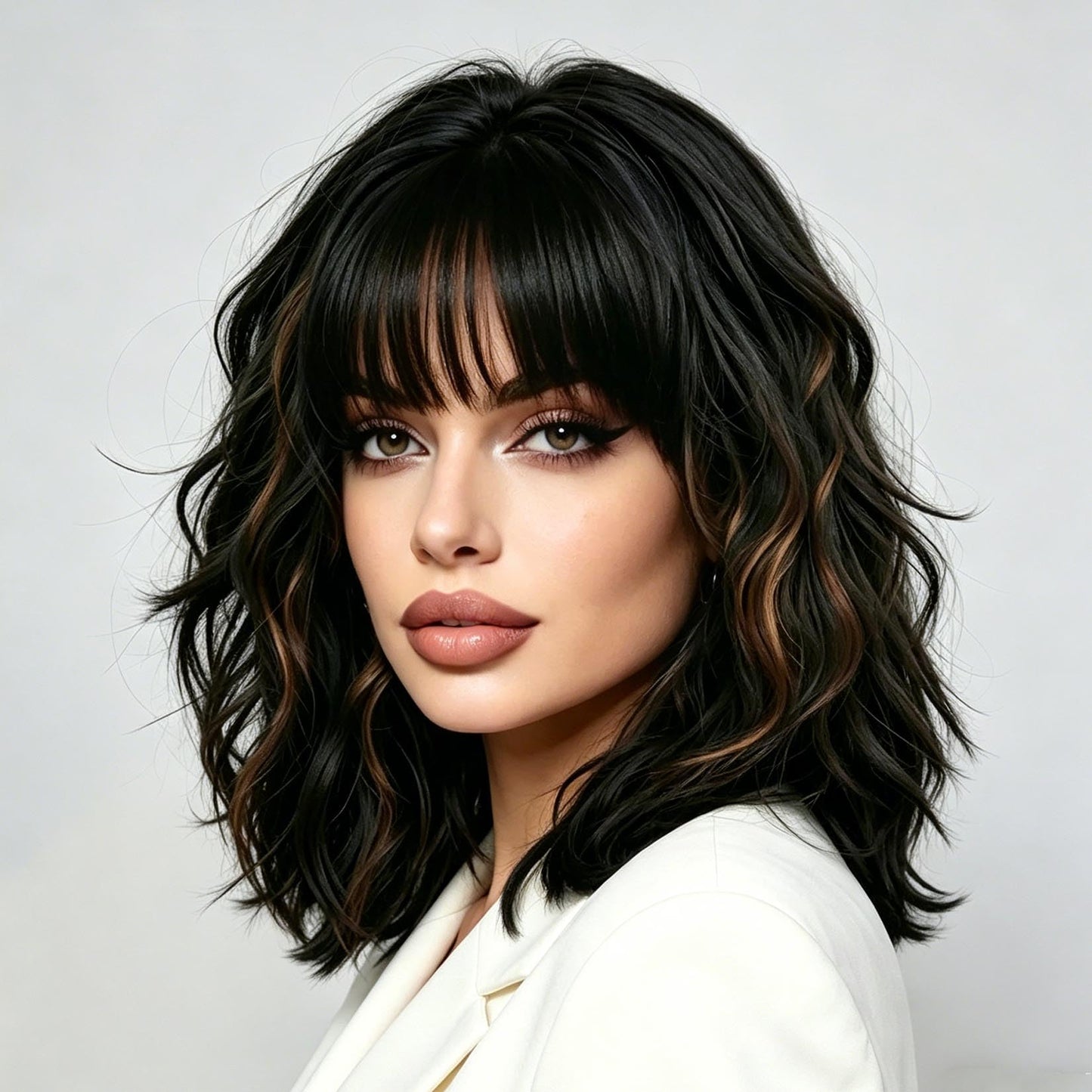 Black Wavy Wigs with Bangs Soft Short Bob Wigs for Women Synthetic Shoulder Length Women's Curly Wigs for Halloween Costumes Cosplay Daily