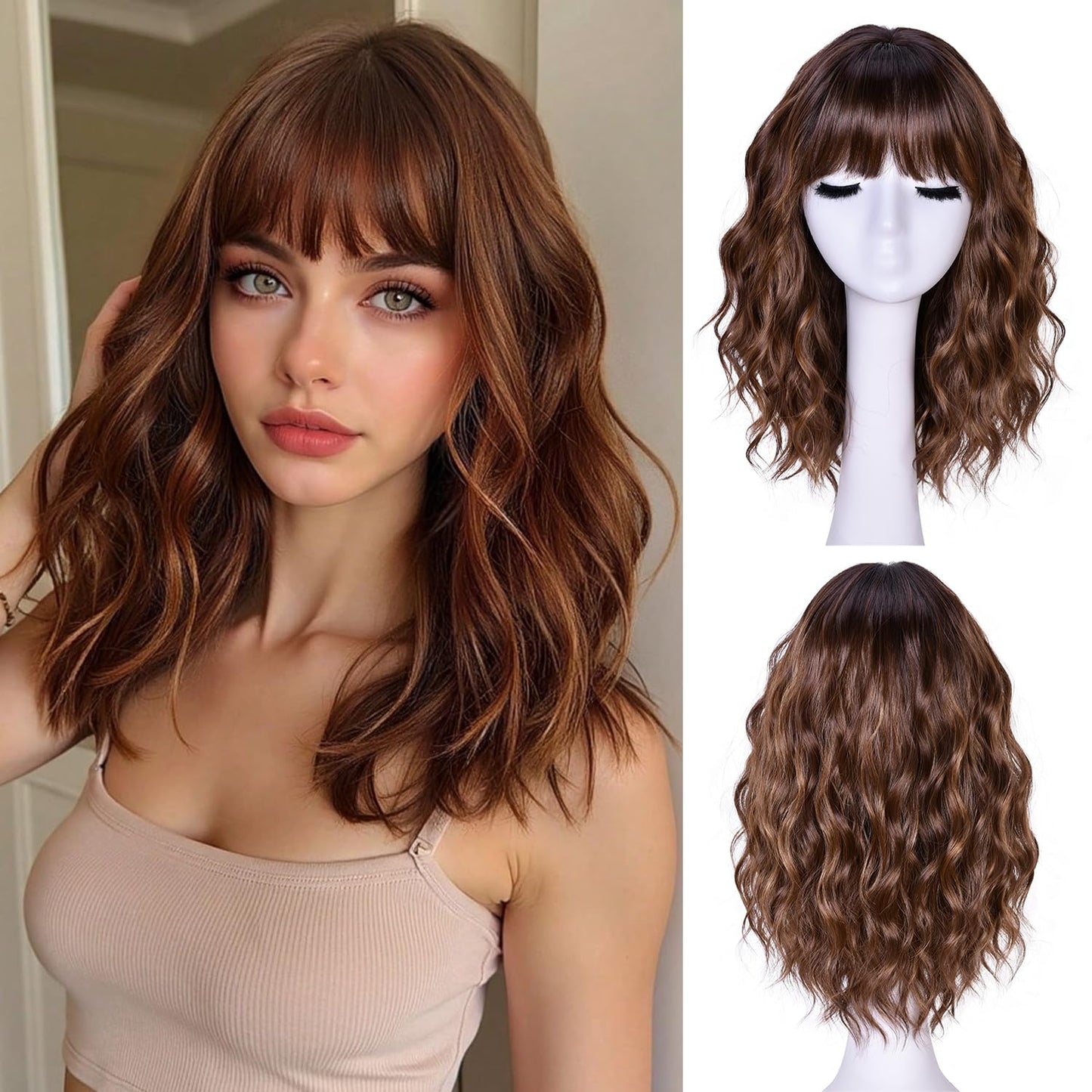 Short Wavy Wig with Bangs for Women