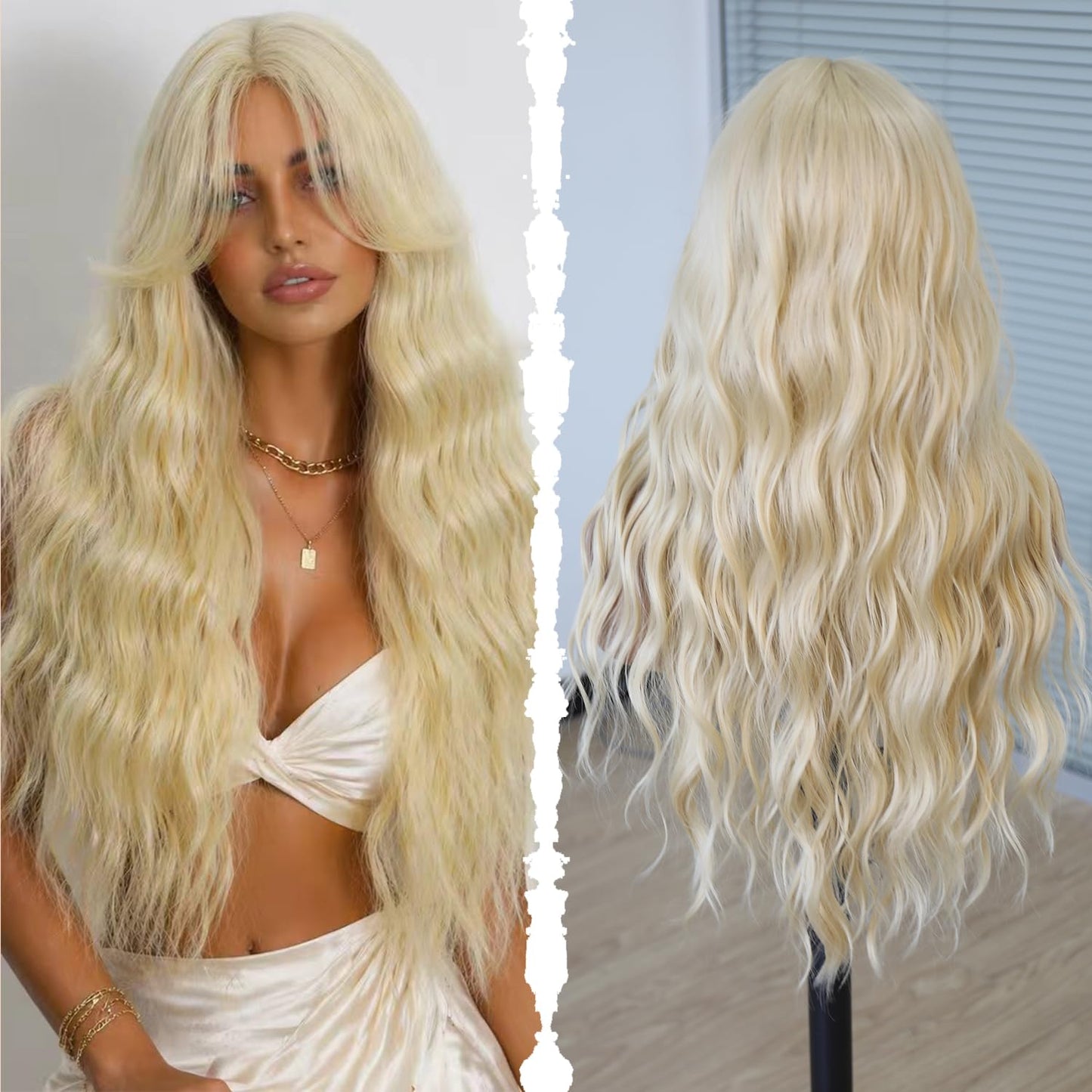 XC CLOUDS Synthetic 28 inch body wave wigs with curtain Bangs, 4 * 2 hand Tied Forehead Simulated Lace Scalp,Natural Wavy Synthetic Heat Resistant hair middle part wigs,Daily Cosplay Friendly