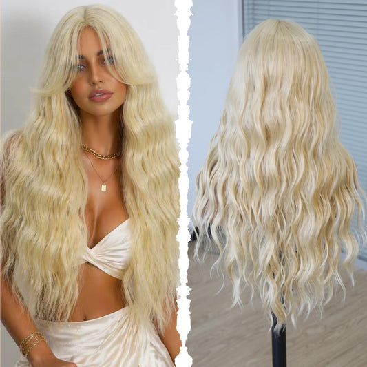XC CLOUDS Synthetic 28 inch body wave wigs with curtain Bangs, 4 * 2 hand Tied Forehead Simulated Lace Scalp,Natural Wavy Synthetic Heat Resistant hair middle part wigs,Daily Cosplay Friendly