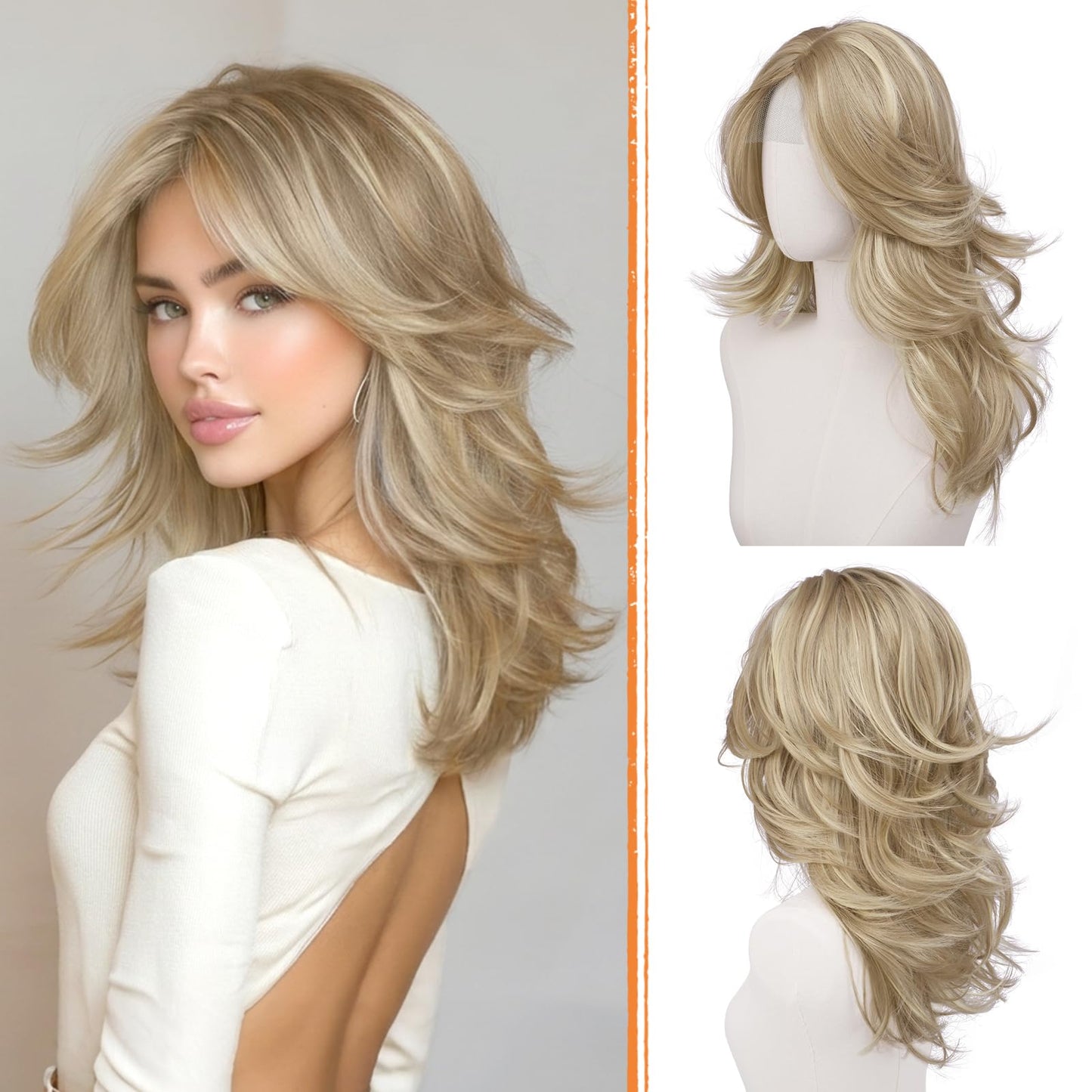 Layered Wigs with Curtain Bangs Lace Front Hairline Long Wavy Natural Looking Middle Part Synthetic Hair Wig for Women Daily Party Costume, 20 Inch
