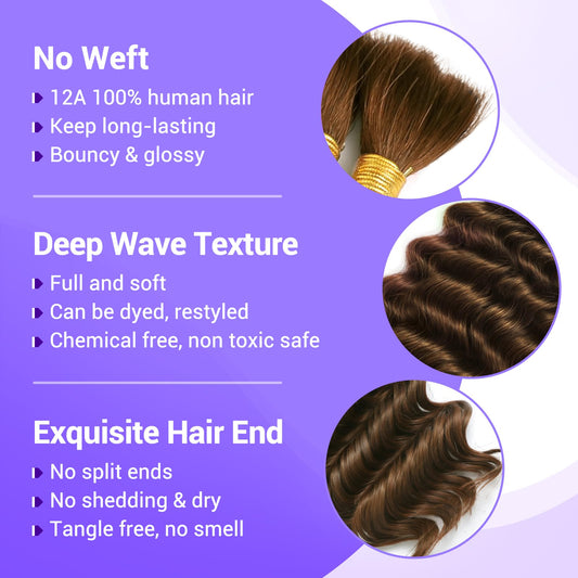 Human Braiding Hair for Boho Braids 110g 20 Inch Deep Wave Boho Bulk Human Hair for Braiding Knotless 12A Wet and Wavy Bohemian 3 No Weft Bundles/Pack Curly Braids