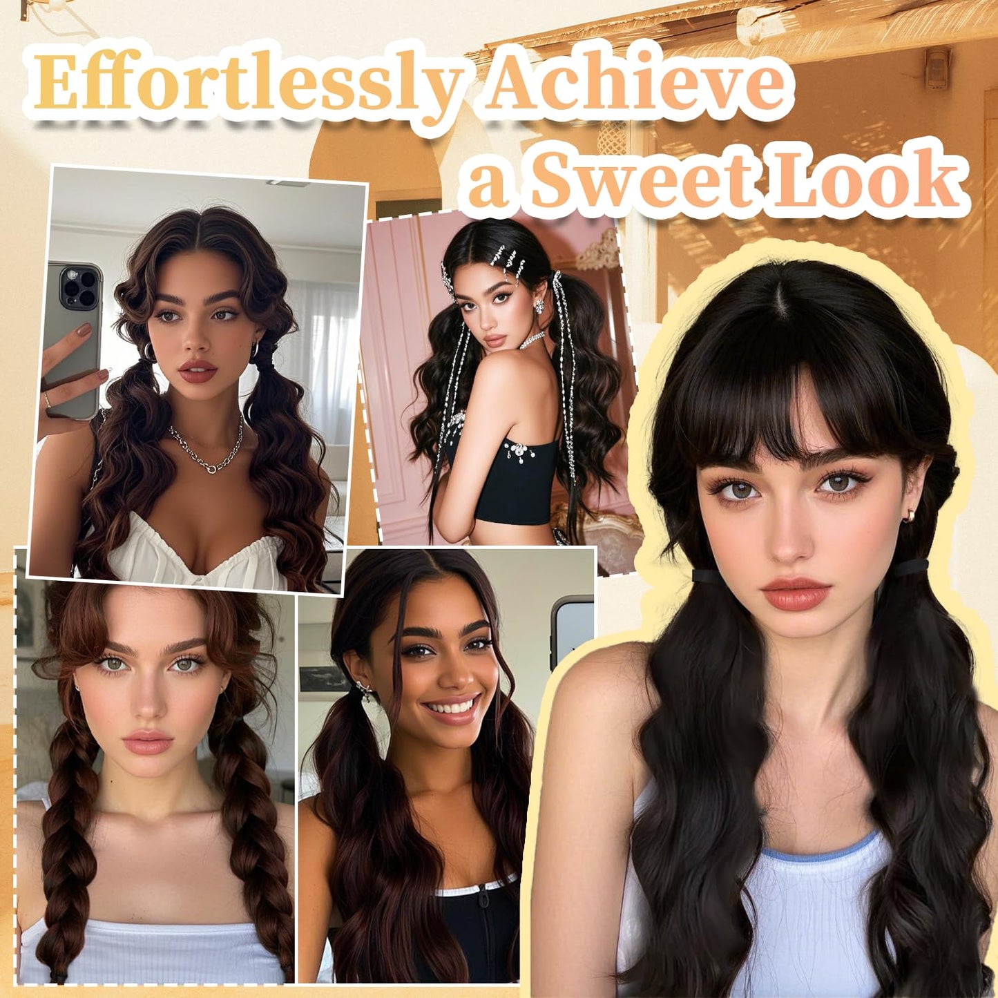 2PCS Curly Ponytail Extension with Hair Tie Hair Natural Wig Elastic Band Wave Fake Ponytail Wigs Accessories for Women Daily 17 Inch
