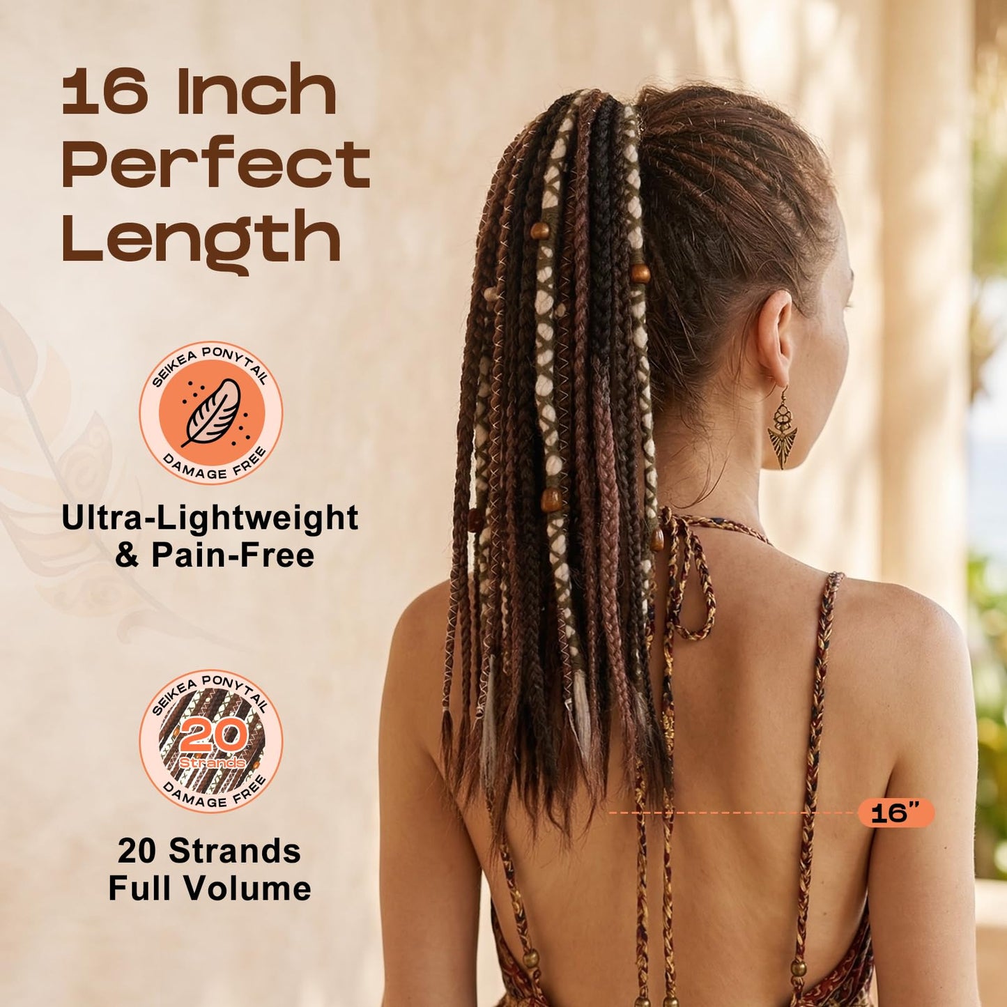 Braided Ponytail Extension on Hair Tie, 16" Full Volume Lightweight Viking Dreadlock Ponytail Braid in Dreadlock Extensions with Beads and Shells, Festival Hair Accessories for Women Girls